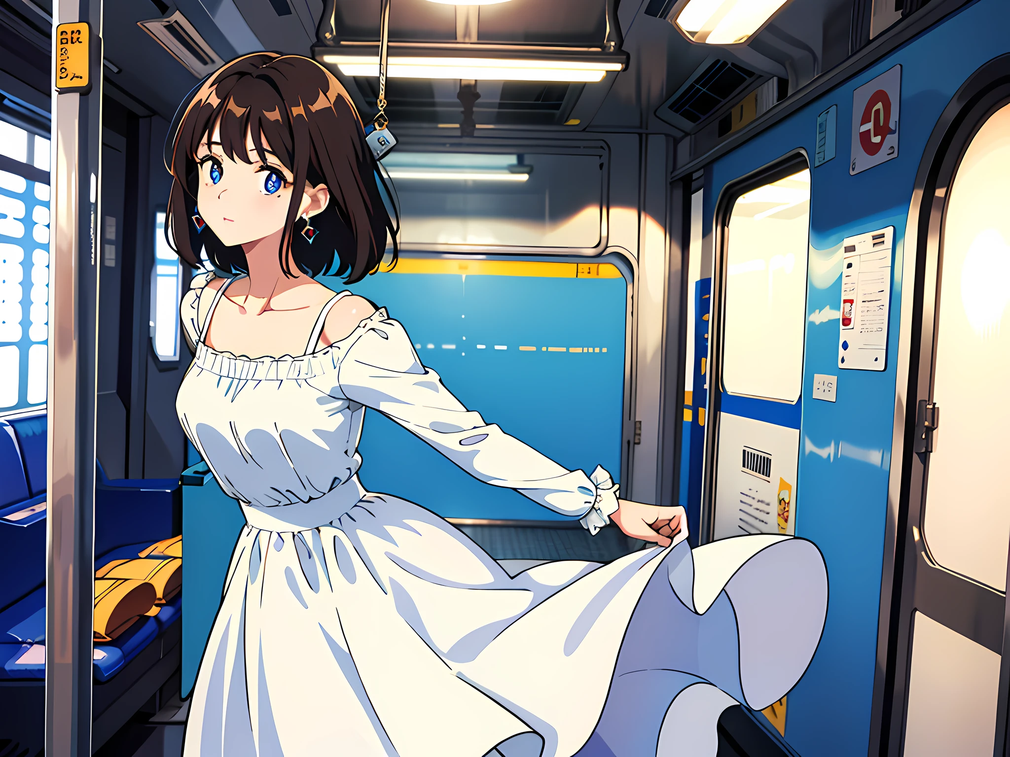 1 woman, brunette hair, blue pupils, delicate face, cute, love earrings, white dress, standing on the train, panic, ultra hd, masterpiece, best quality, super detail, ccurate