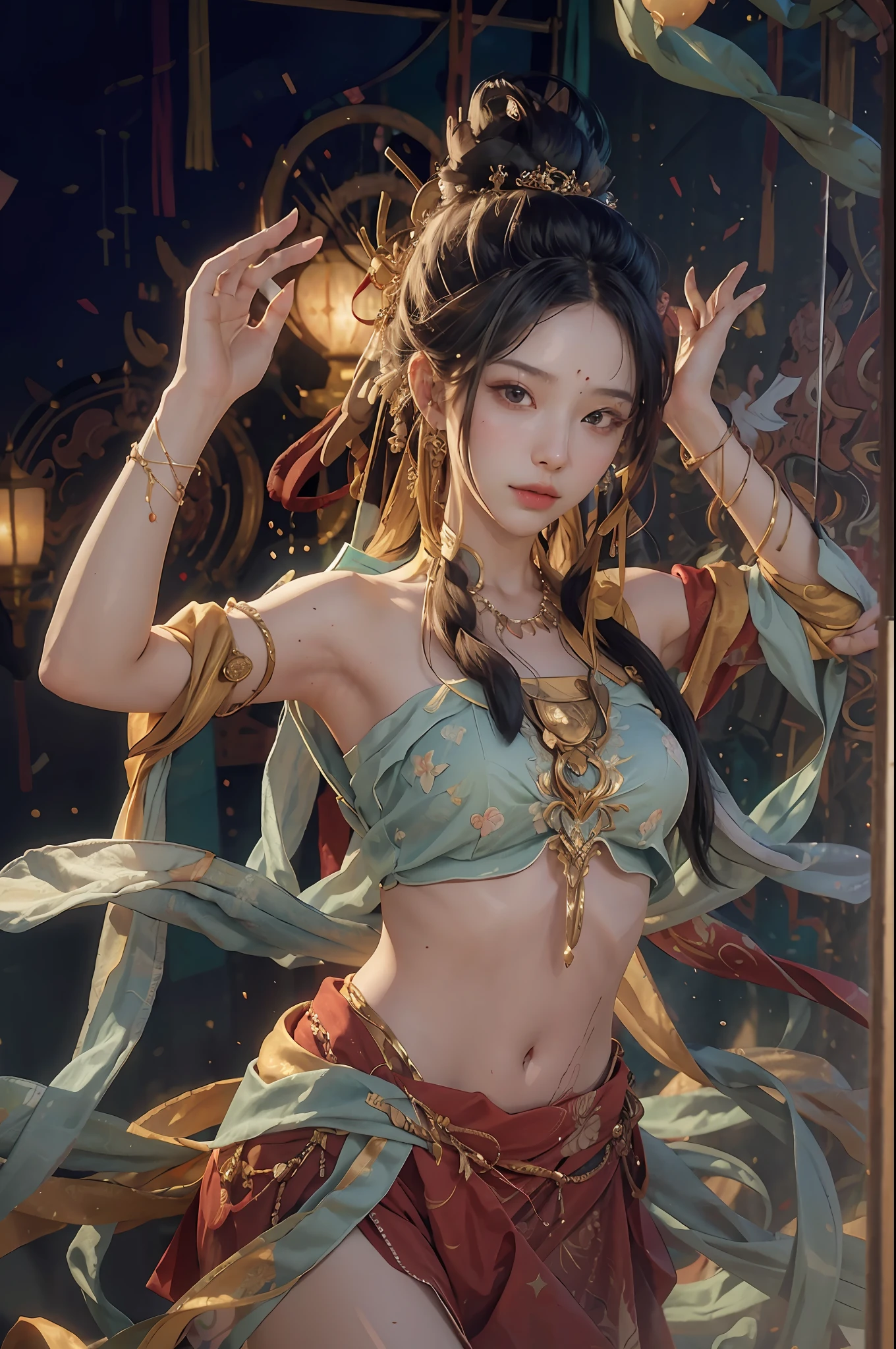 (8k, RAW photo, best quality, masterpiece: 1.2), (realistic, photorealistic photoreal: 1.4), (very detailed CG unity 8k wallpaper), (1 girl), dance, dunhuang_dress, dunhuang_style, dunhuang_background, one arm up, one hand to the viewer, gold ornaments, ancient Chinese hairstyle, tulle, streamers, light makeup, eye shadow, eyebrow mole, (face), Dynamic pose, background smoke surrounding, flower petals flying, details, jewelry, earrings, bracelets, shoulders, complex textures, busts