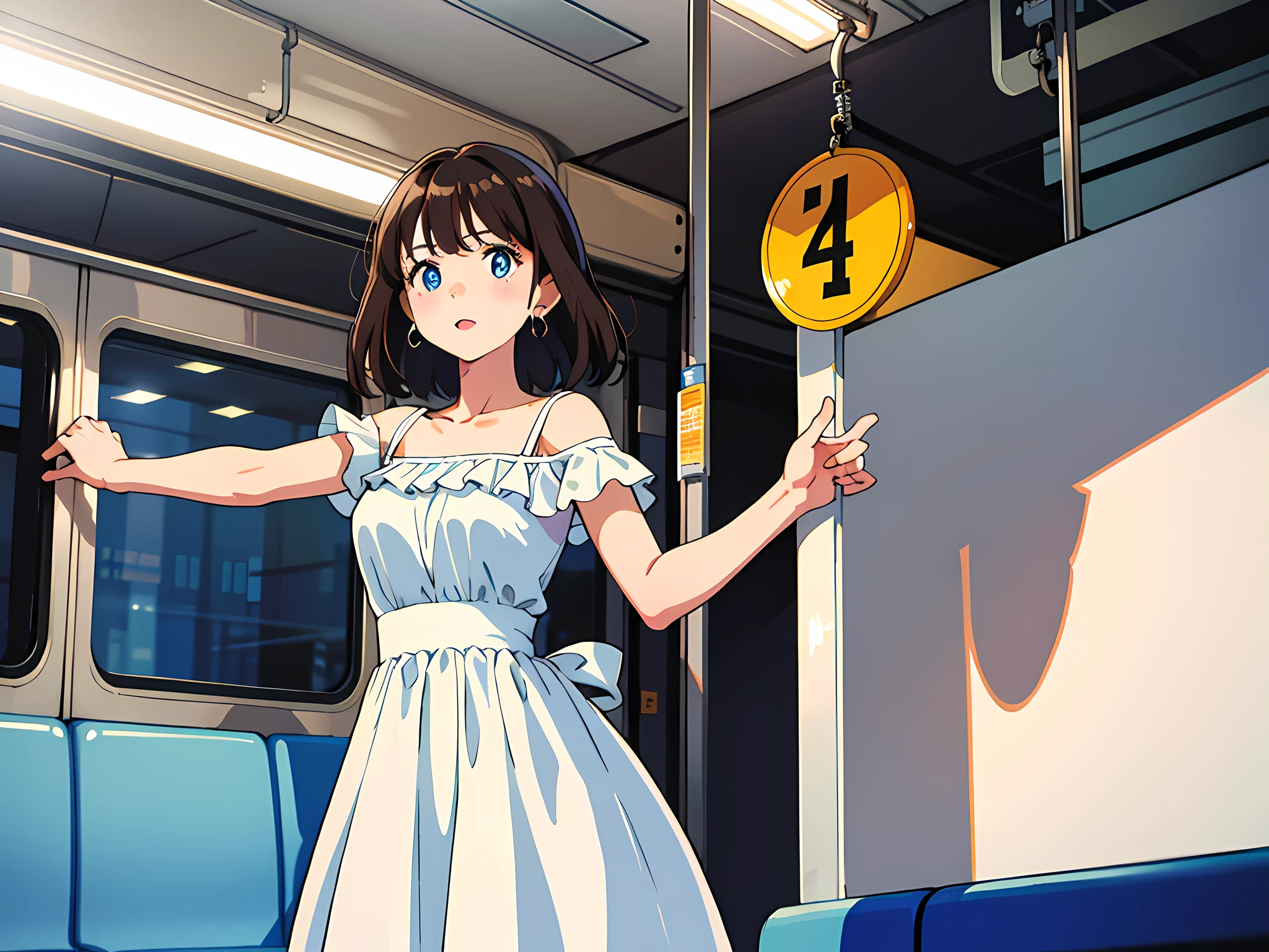 1 woman, brunette hair, blue pupils, delicate face, cute, love earrings, white dress, standing on the train, panic, ultra hd, masterpiece, best quality, super detail, ccurate