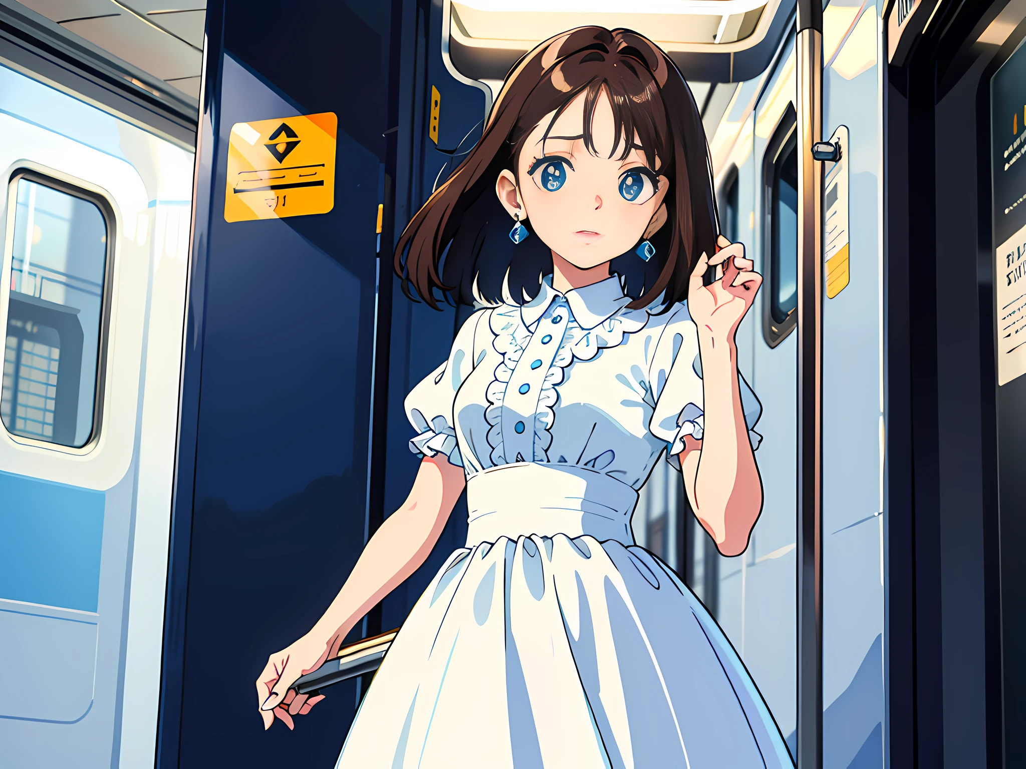1 woman, brunette hair, blue pupils, delicate face, cute, love earrings, white dress, standing on the train, panic, ultra hd, masterpiece, best quality, super detail, ccurate