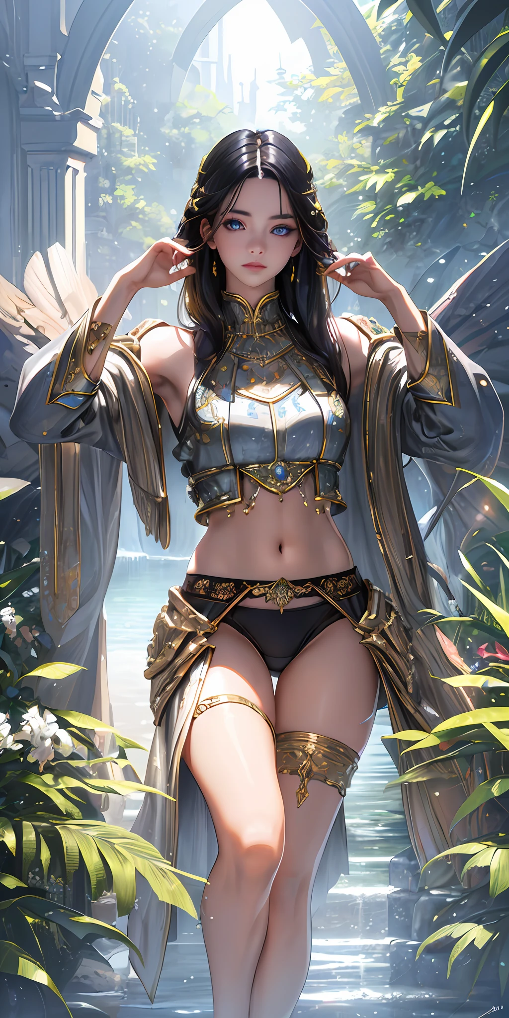 (photorealistic:1.4), (masterpiece, sidelighting, finely detailed beautiful eyes: 1.2), masterpiece*portrait, realistic, 3d face, glowing eyes, shiny hair, lustrous skin, solo, embarassed, (midriff), black underwear, blonde hair,sexy
