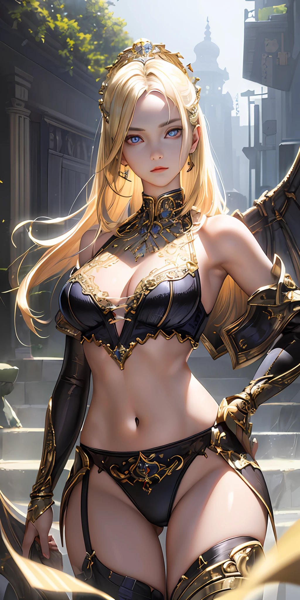 (photorealistic:1.4), (masterpiece, sidelighting, finely detailed beautiful eyes: 1.2), masterpiece*portrait, realistic, 3d face, glowing eyes, shiny hair, lustrous skin, solo, embarassed, (midriff), black underwear, blonde hair,sexy