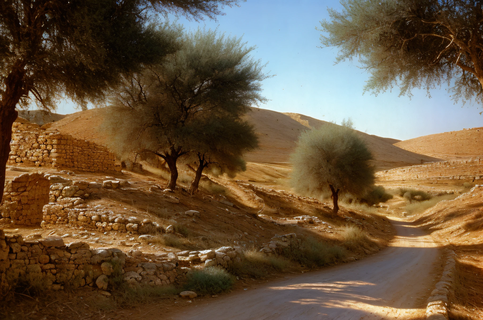 Ancient Israel, a road in the wilderness, film stills, 1st century,
(35mm style: 1.1), front, masterpiece, 1970s film, , cinematic lighting, photorealistic, high frequency detail, 35mm film, (film grain), film noise,