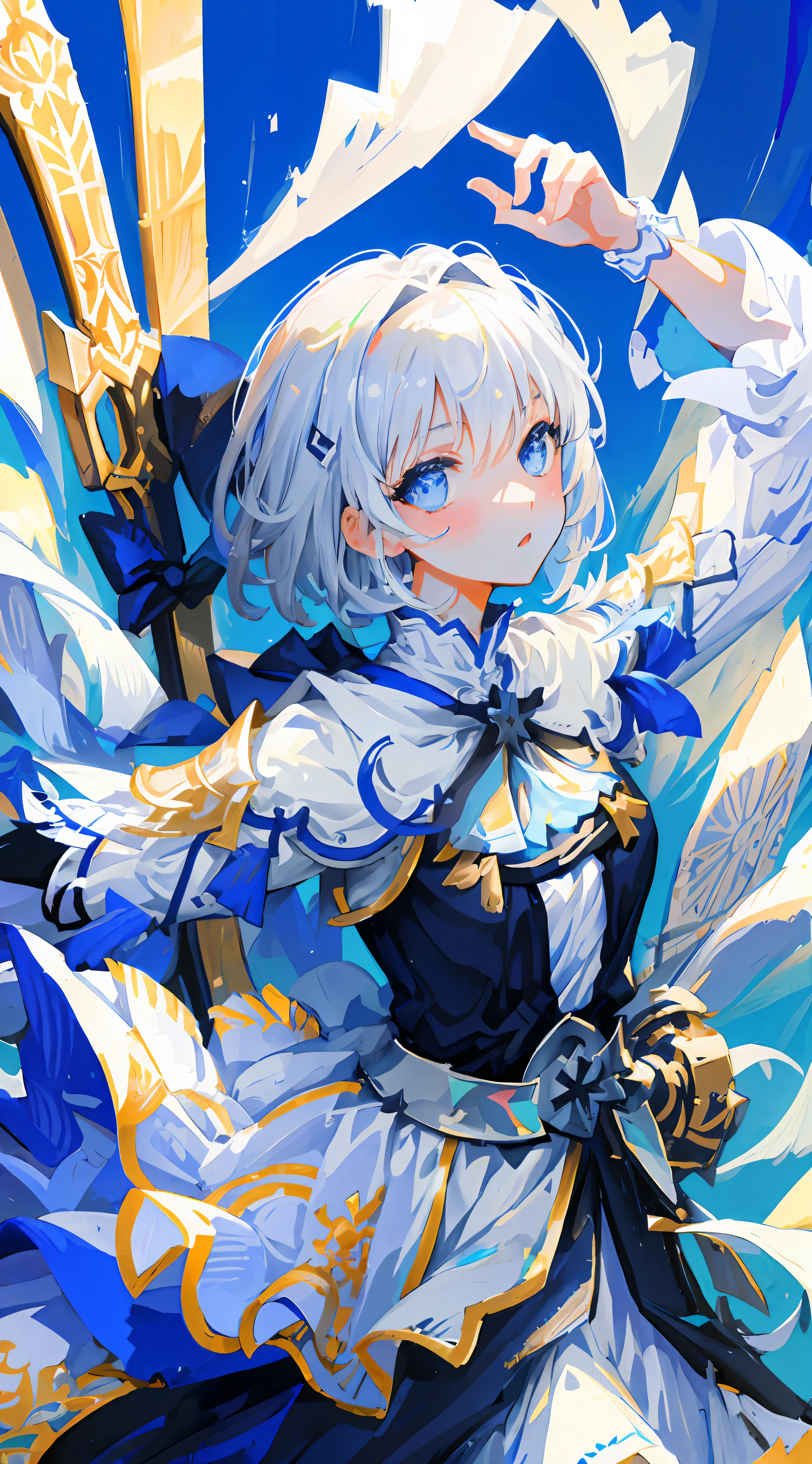 Jeanne d'Arc, mksks style, masterpiece, best quality, ultra-detailed, illustration, portrait, 1girl, portrait, face focus, close-up, white cloud, explotion in the back, big boobs