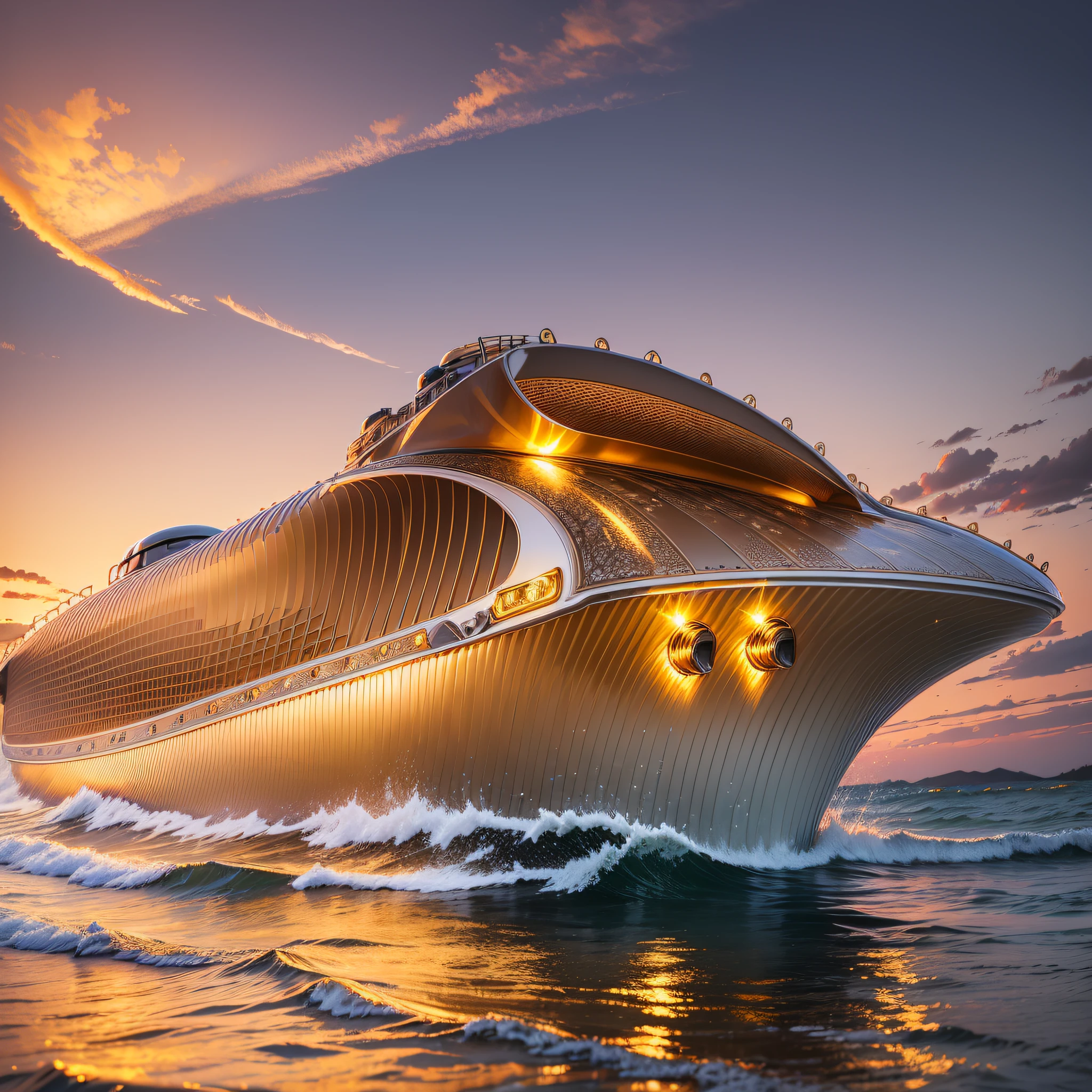 Cruiser, light wave, sunset, intricate, detailed, golden --auto --s2