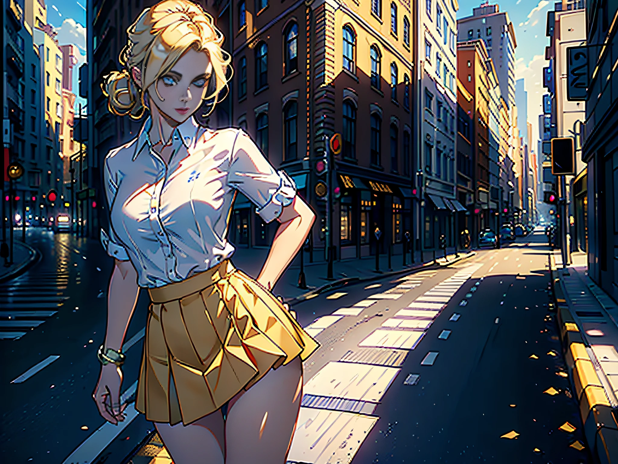 ((Masterpiece)), (Best Quality)), 8K, HD, Super Detail, (Woman), (White Shirt), (Golden Hair), (Hip Wrapped Skirt)(Blue Eyes) (Bustling City Street in Background) The artwork is a masterpiece, with the best quality and super detail, captured in 8K HD. Photographic realistic, realistic, very detailed illustrations realistic, octane rendering