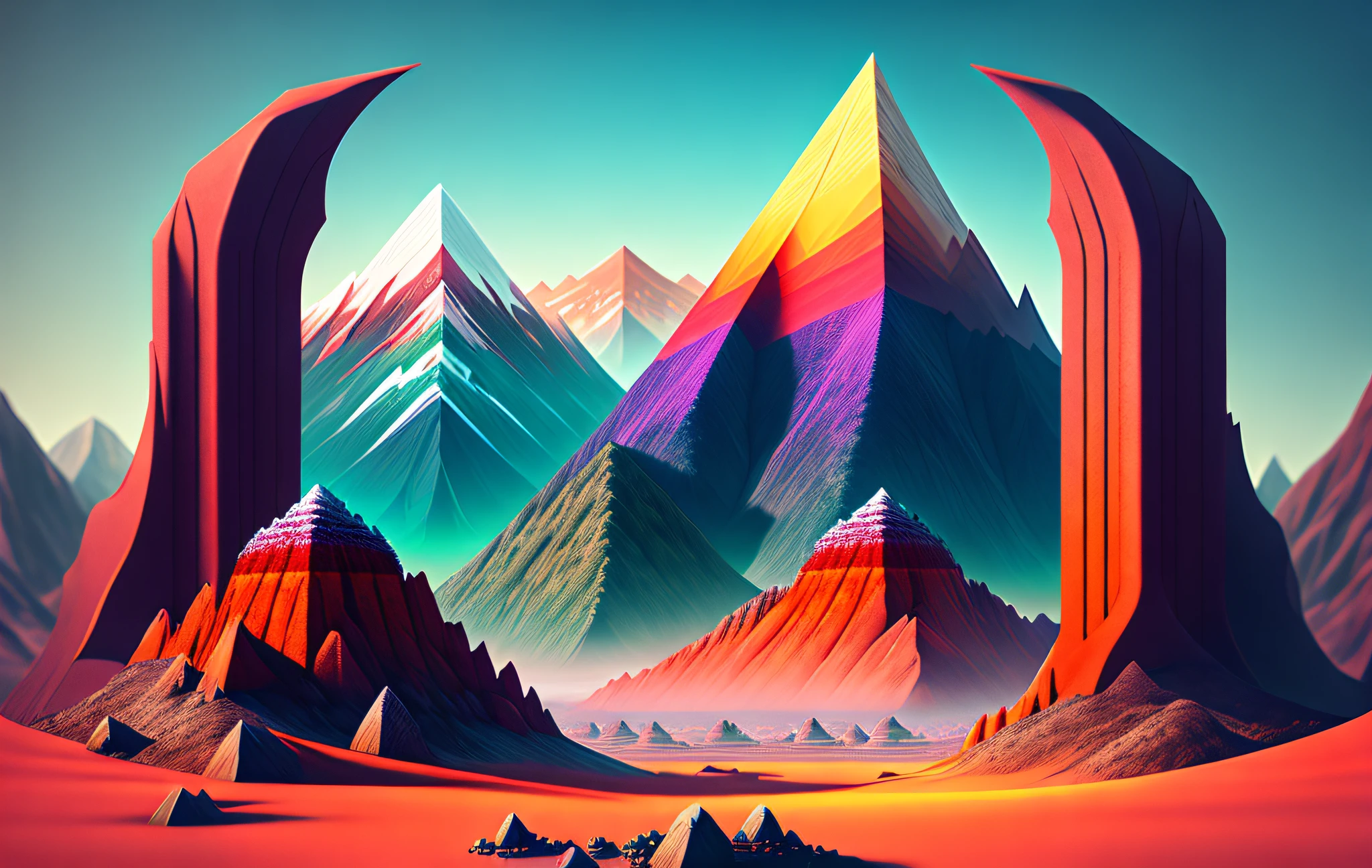 Spectacular view of mountains from a giant's point of view, colorful, 8K, ultra realistic, highly detailed, octane rendering, unreal engine, symmetry, crazy lighting, studio photo, amazing view, unreal 5, isometric, digital art, smog, pollution, toxic waste, chimneys and railroads, 3d rendering, octane rendering, volumetrics, by greg rutkowski