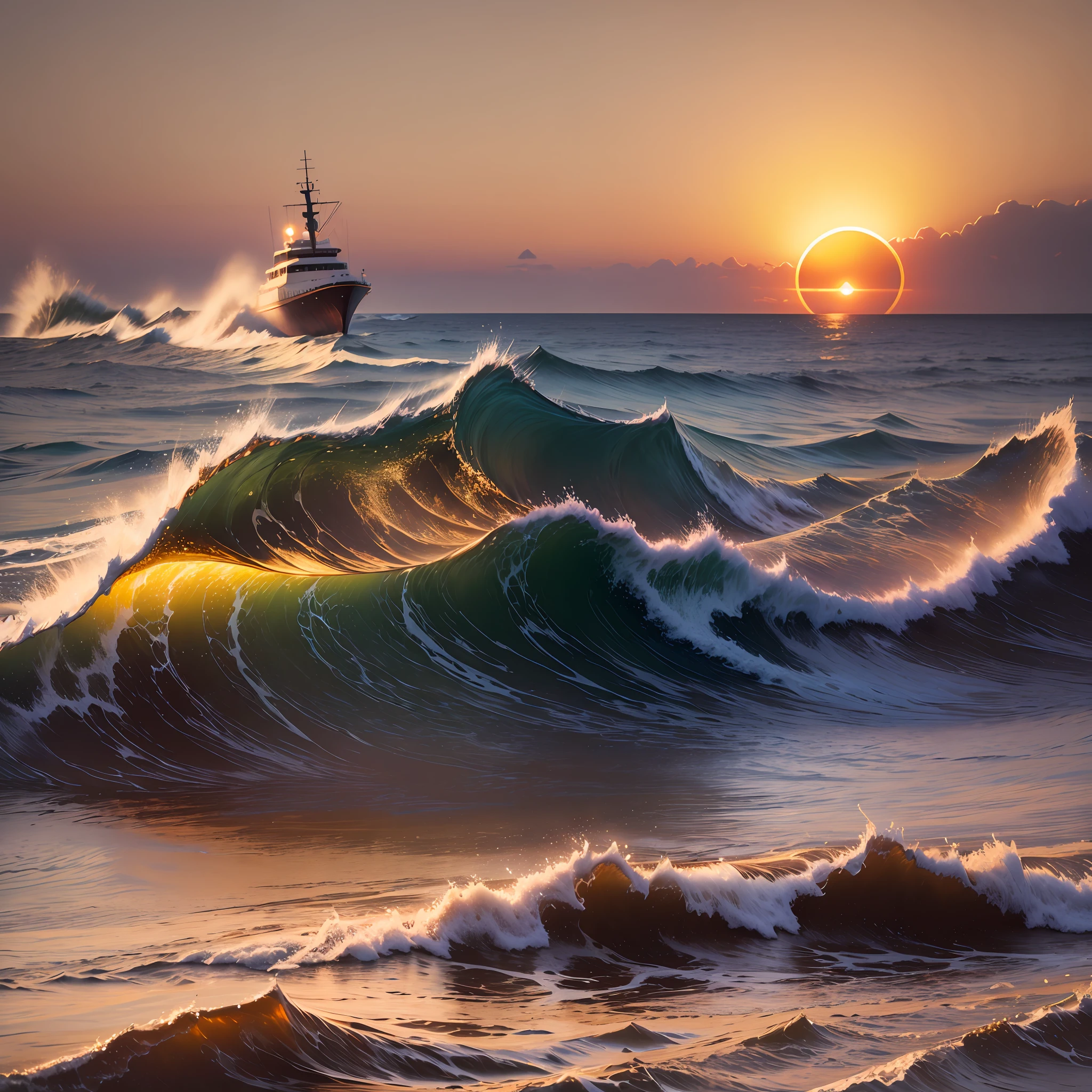 Cruiser, light wave, sunset, intricate, detailed, golden --auto --s2