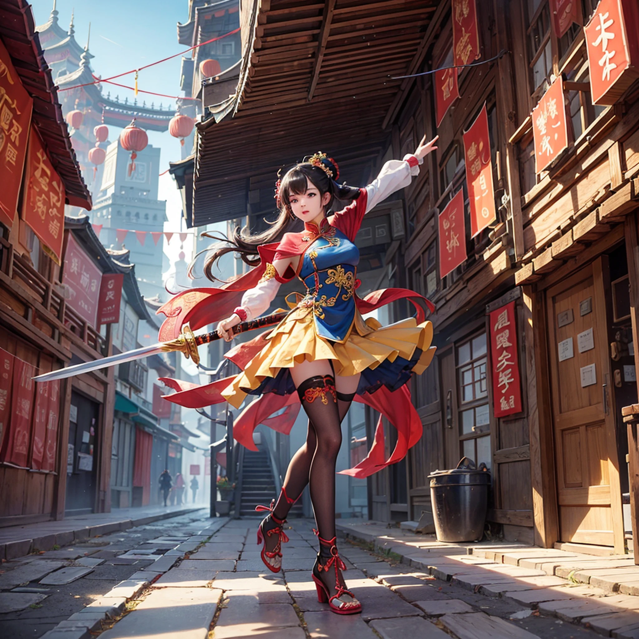 A swings her sword in a colorful dance amidst a traditional Chinese architectural backdrop, exuding a Chinese style. The scene is rendered with outstanding visual quality using RTX technology and Yunqing technology. --auto --s2