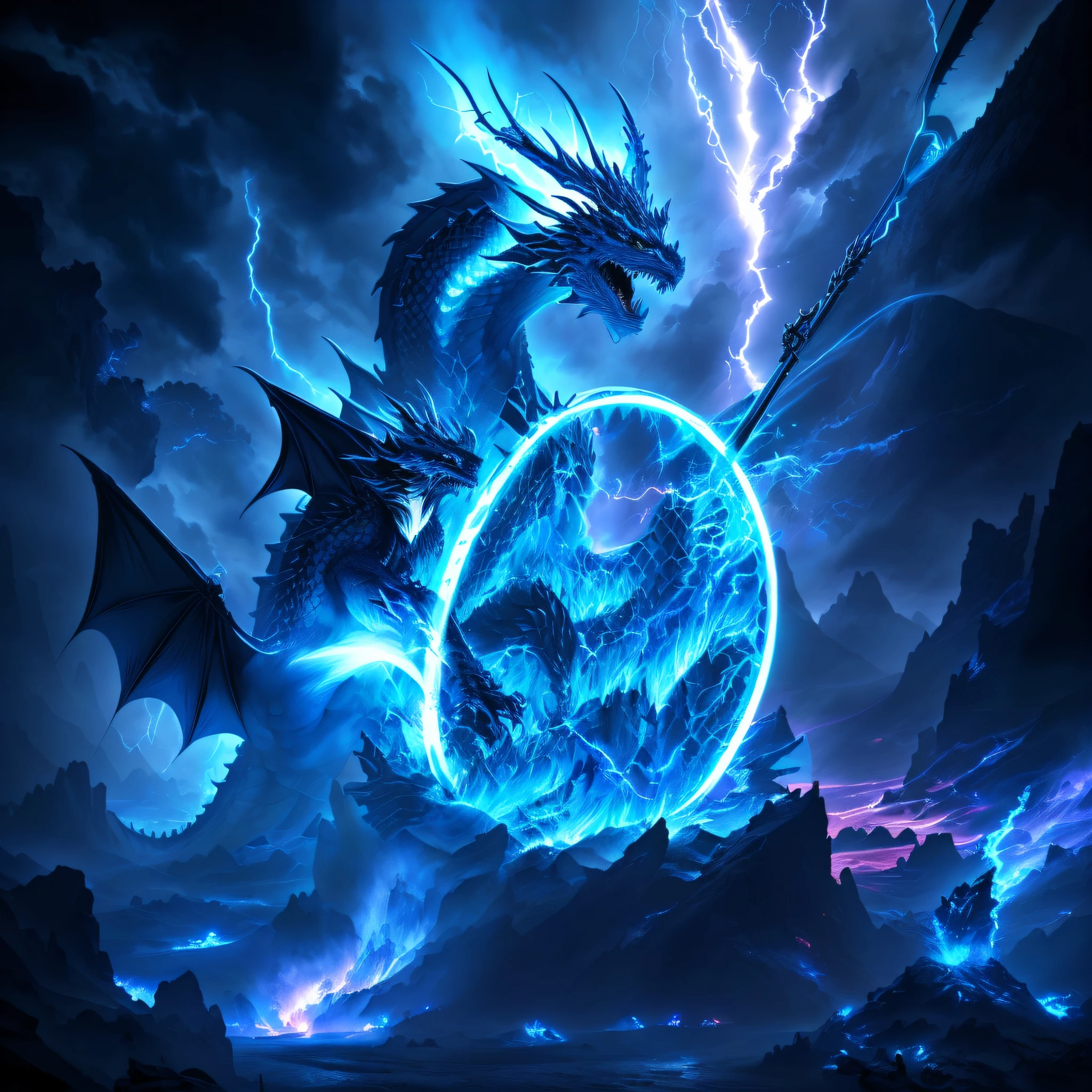 There is a dragon with a tennis racket in his hand, rushing through the lair of the lightning dragon, lightning dragon attack, lightning, breaking wind, fighting with the dragon, epic dragon, battle dragon, dragon art, battle dragon, storm dragon, giant dragon as background, d&d fantasy digital art, dragon in the dragon's lair, legendary dragon, epic fantasy digital art style, harsh