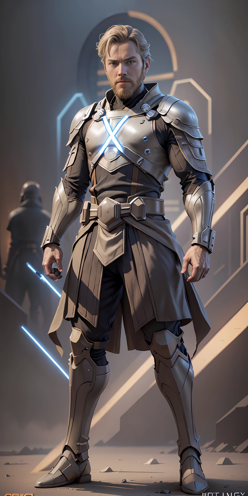 Obi-Wan "Ben" Kenobi from star wars, frontal, full-length, looking at the camera, facing the audience, standing pose, simple background, three-dimensional light, detailed full-body concept, sleek digital concept art, beautiful full-body concept art, art trend, full-length CGsociety,