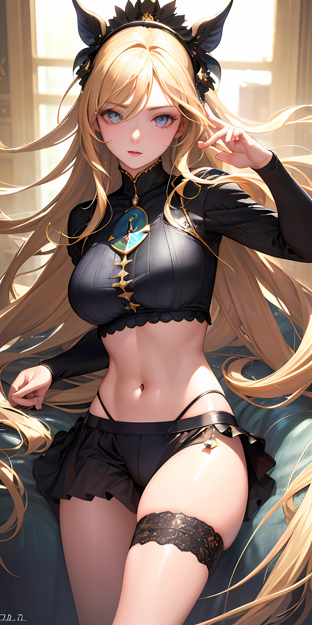 (photorealistic:1.4), (masterpiece, sidelighting, finely detailed beautiful eyes: 1.2), masterpiece*portrait, realistic, 3d face, glowing eyes, shiny hair, lustrous skin, solo, embarassed, (midriff), black underwear, blonde hair,sexy