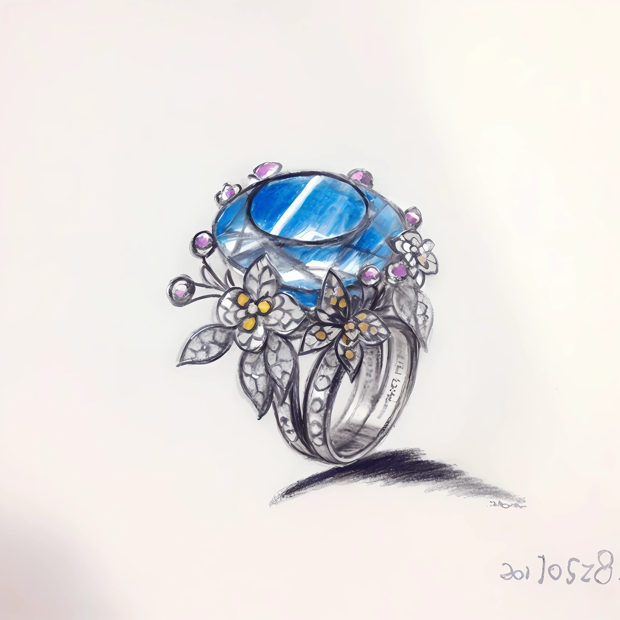 drawing of a ring with a blue stone surrounded by flowers, jewelry design, inspired by Pieter de Ring, silver and sapphire, inspired by József Borsos, colored sketch, by Jacob Kainen, a color pencil sketch, by Aleksander Gierymski, by Junsaku Koizumi, by Robert Zünd, by Mathias Kollros