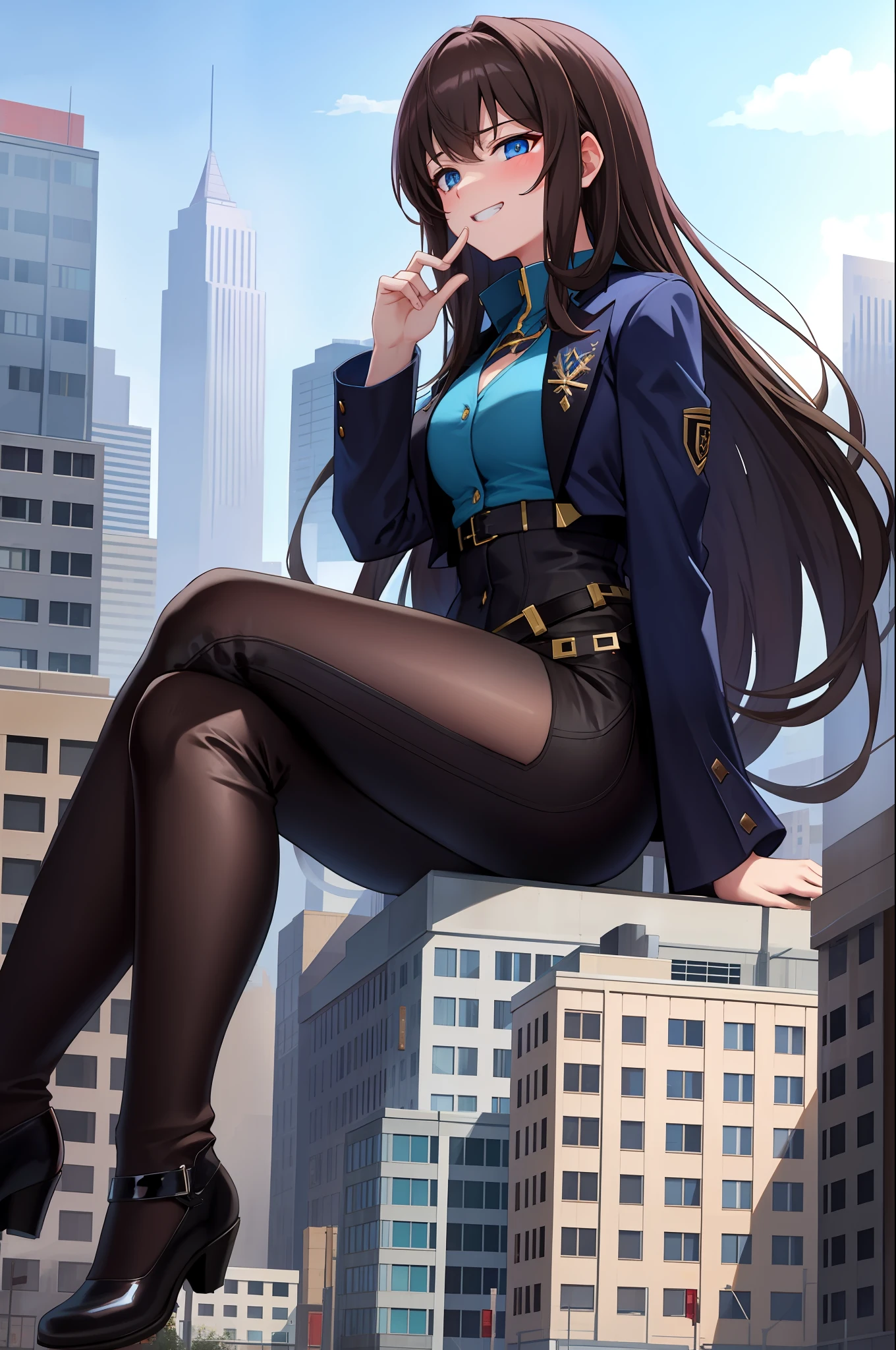 GtsCity, sitting on building, looming, brown hair, blue eyes, smug, laughing, black suit, destruction
