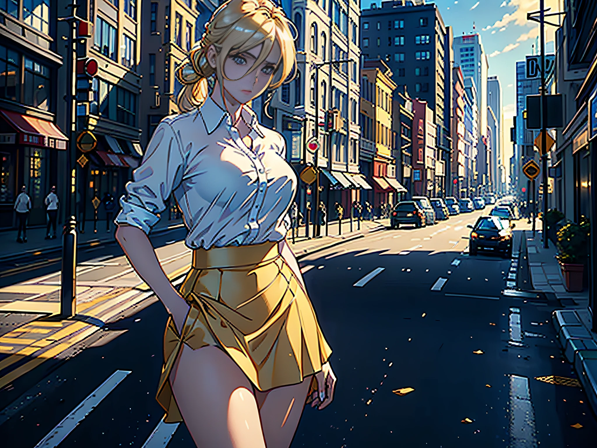 ((Masterpiece)), (Best Quality)), 8K, HD, Super Detail, (Woman), (White Shirt), (Golden Hair), (Hip Wrapped Skirt)(Blue Eyes) (Bustling City Street in Background) The artwork is a masterpiece, with the best quality and super detail, captured in 8K HD. Photographic realistic, realistic, very detailed illustrations realistic, octane rendering