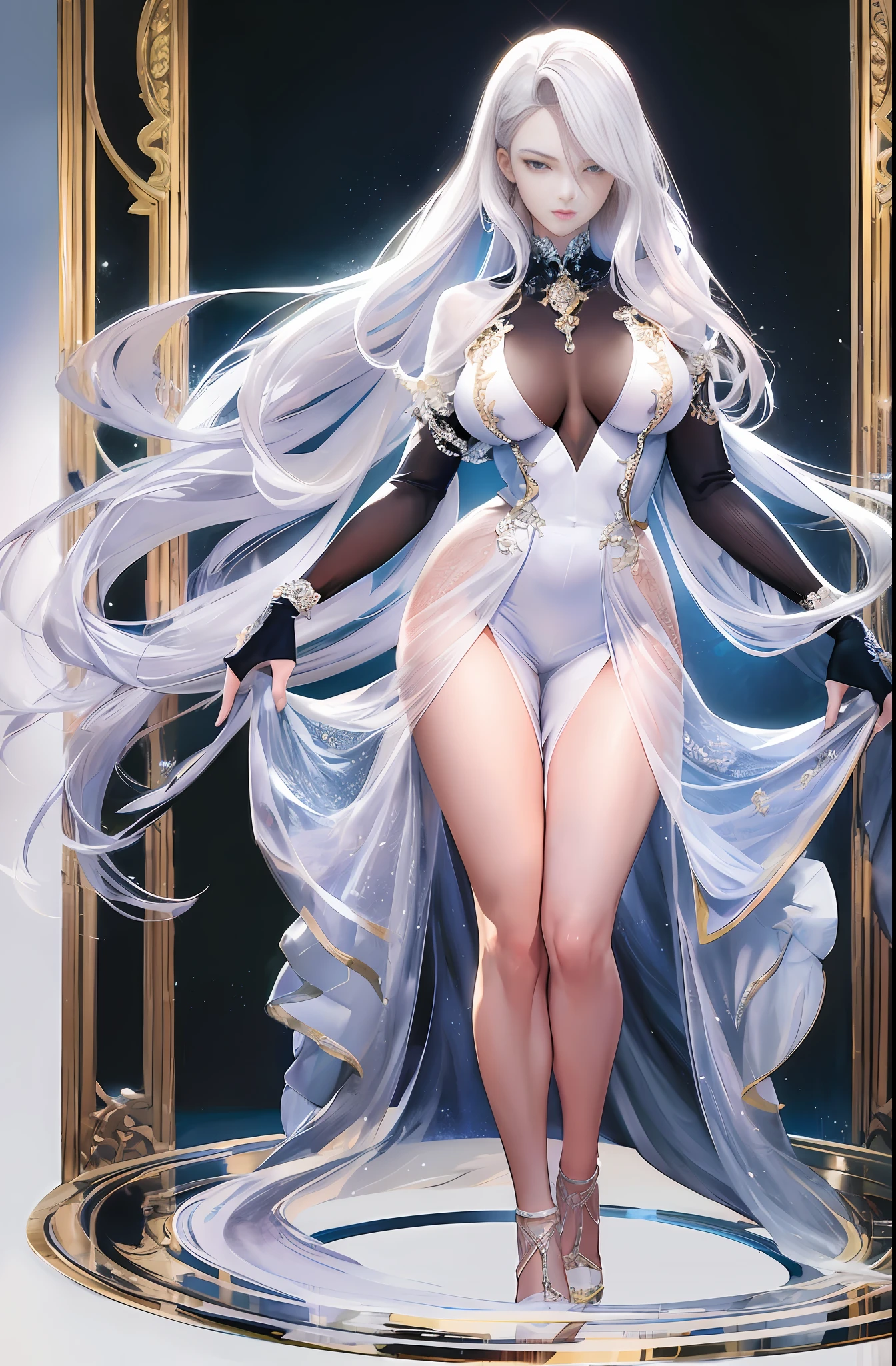 Master anime work, impeccable masterpiece, a mature female character in sexy transparent formal dress standing on a pure white background, flowing silver hair, full body standing, slender legs, straight breasts, detailed face details, natural and beautiful standing, vivid and real body details