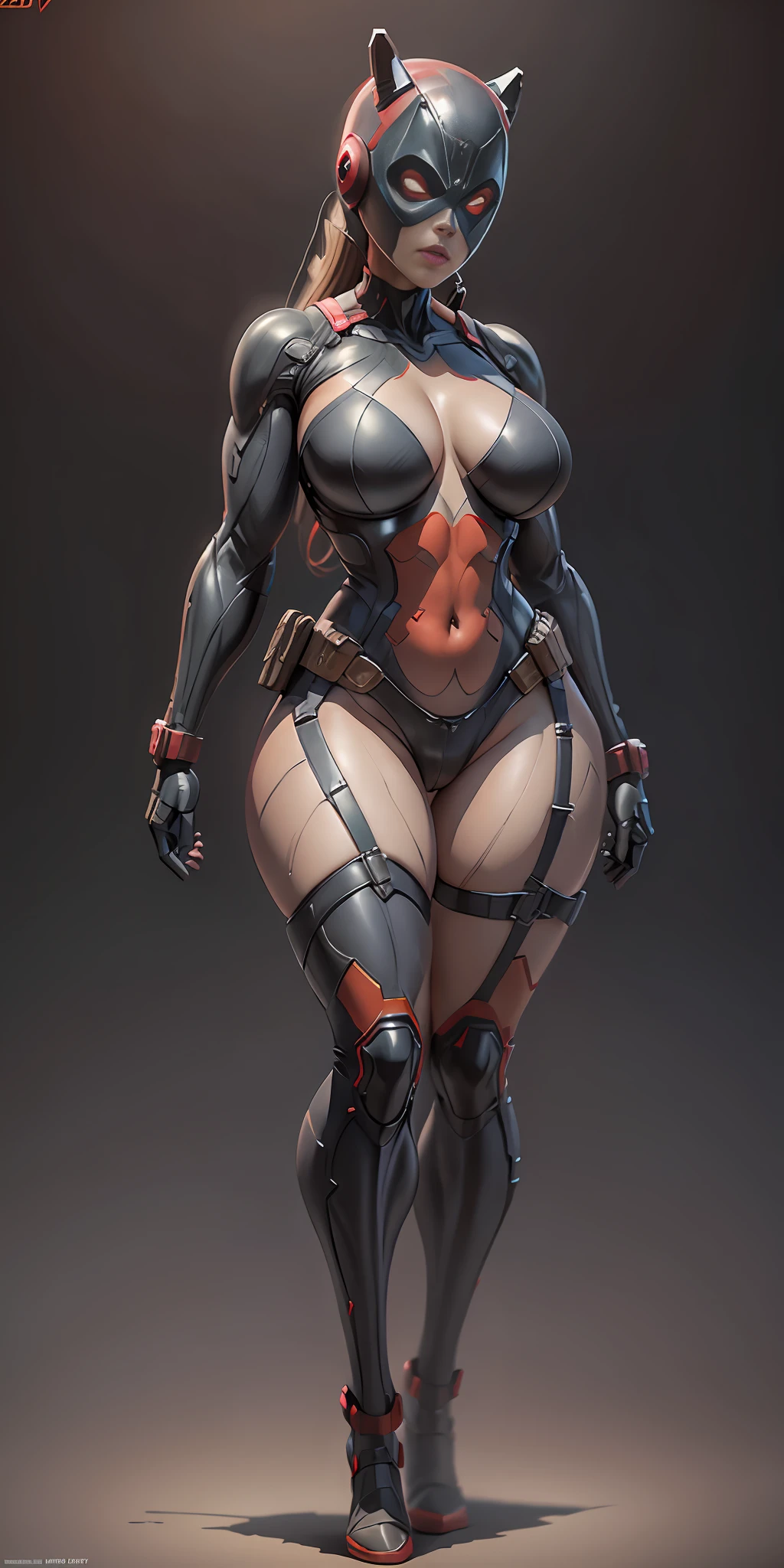 girl dressed as Deadpool from Marvel, big breasts, frontal, full-length, looking at the camera, facing the audience, standing pose, simple background, three-dimensional light, detailed full-body concept, sleek digital concept art, beautiful full-body concept art, art trend, full-length CGsociety,