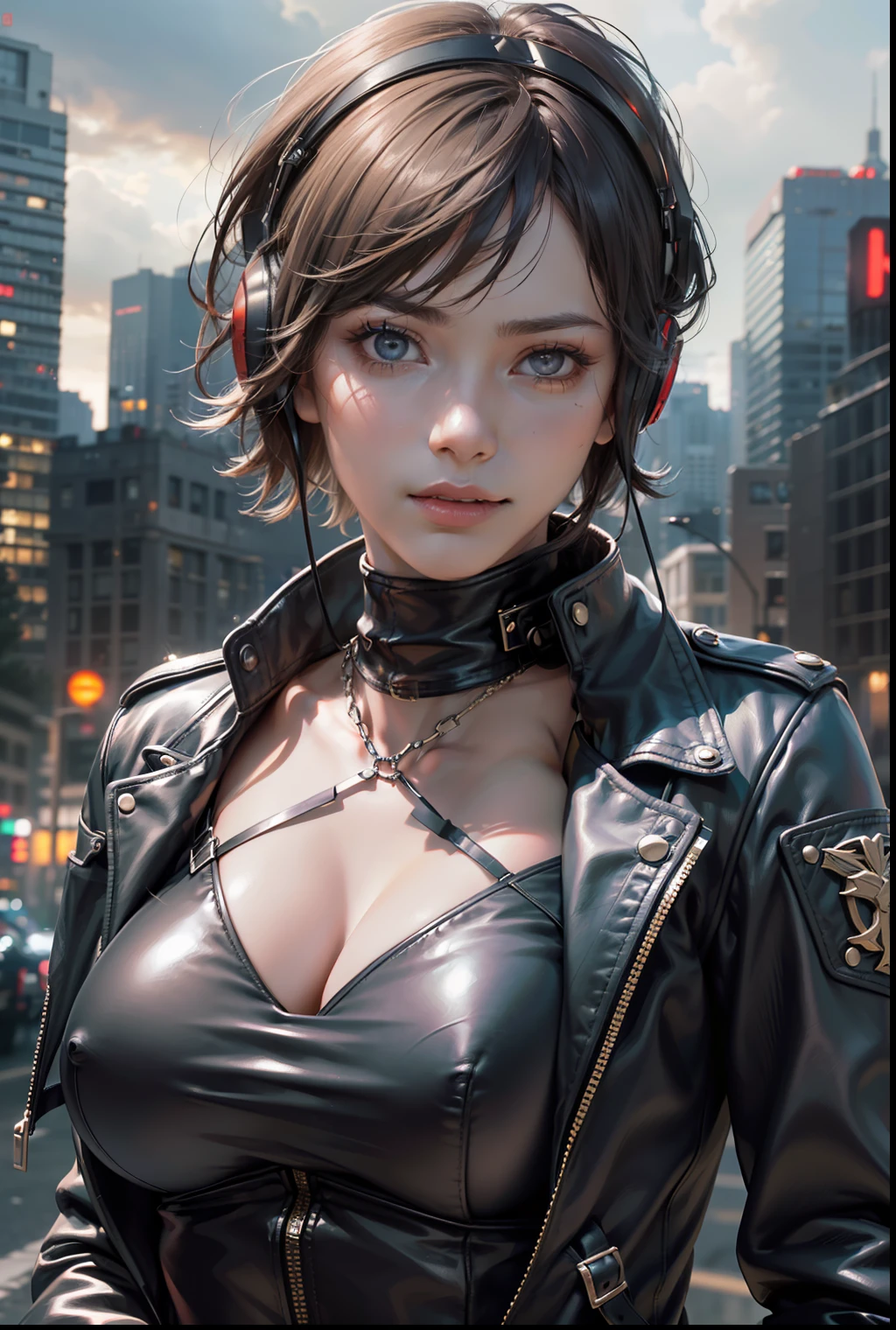 ((Best Quality:1.2, 8k,f/1.8,HDR, Sharp Focus:1.2, photo realistic:1.4, Masterpiece, depth:1.2, super fine :1.2, Ultimate 1Girl, Highly Detailed Facial Textures, detailed beauty makeup: 1.4, realistic skin, detailed eyes, detailed bangs)), (leather jacket), (leather pants), (headphones), (holding weapon), absurdity, (night city background), (dark clouds), (spotlight), (black and red two-tone asymmetrical short hair), ((glaring)) , (big breasts), (mans surrounding girls: 1.4), from above