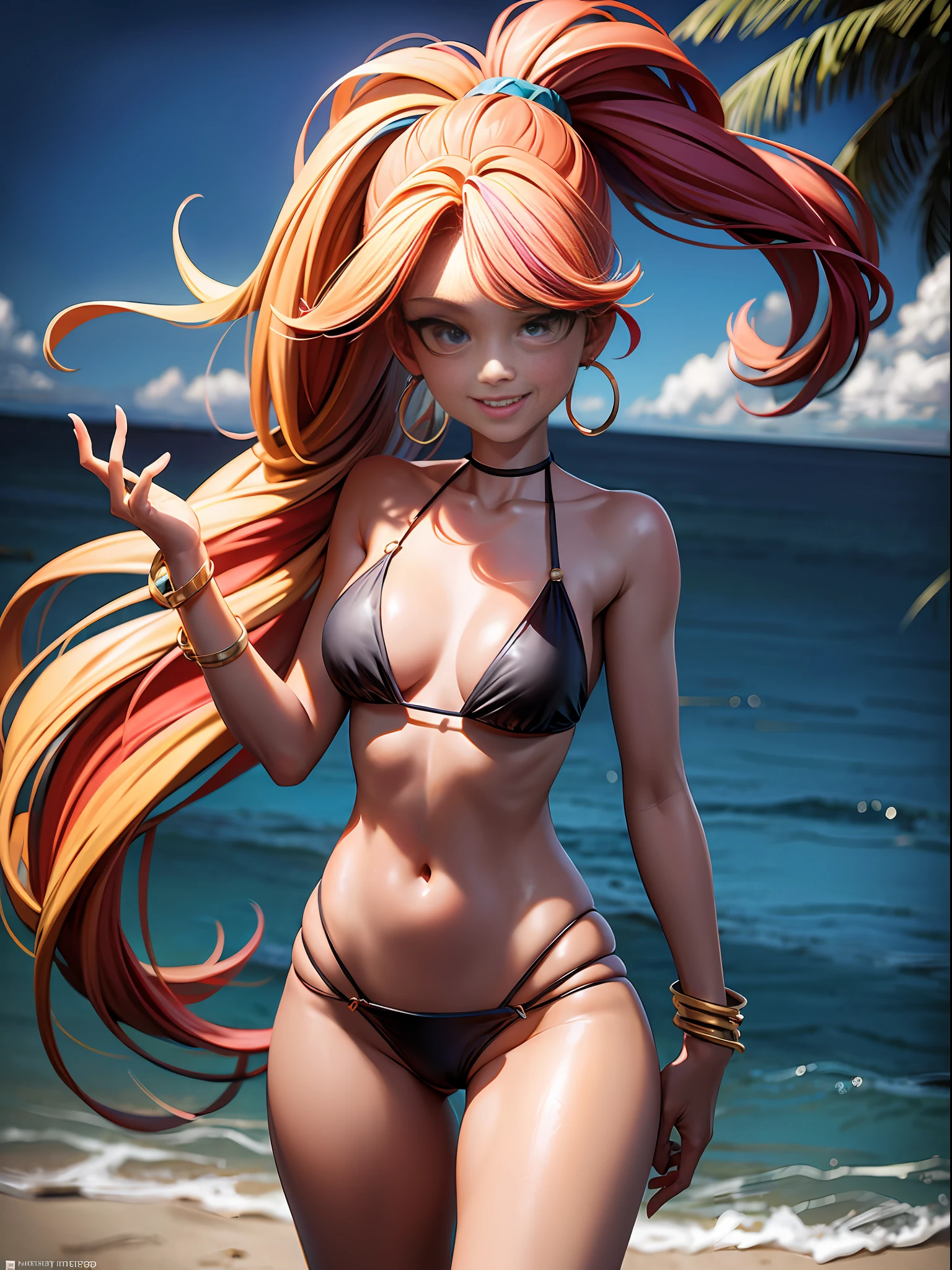 (Masterpiece: 1.5), (Best Quality: 1.5), High Resolution, High Detail, 1 Girl, Solo, Skin Highlight, Sharpen, Clear, straight hair, ponytail, multicolored hair, Jewelry, bracelet, earrings, cowboy shot, pale skin, smile, beach, bikini