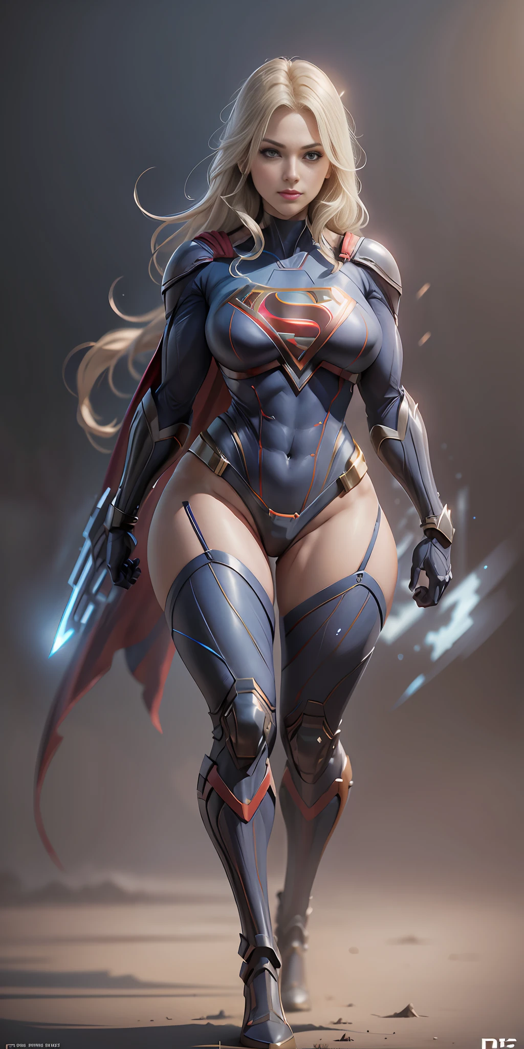 Supergirl from DC, big breasts, frontal, full-length, looking at the camera, facing the audience, standing pose, simple background, three-dimensional light, detailed full-body concept, sleek digital concept art, beautiful full-body concept art, art trend, full-length CGsociety,