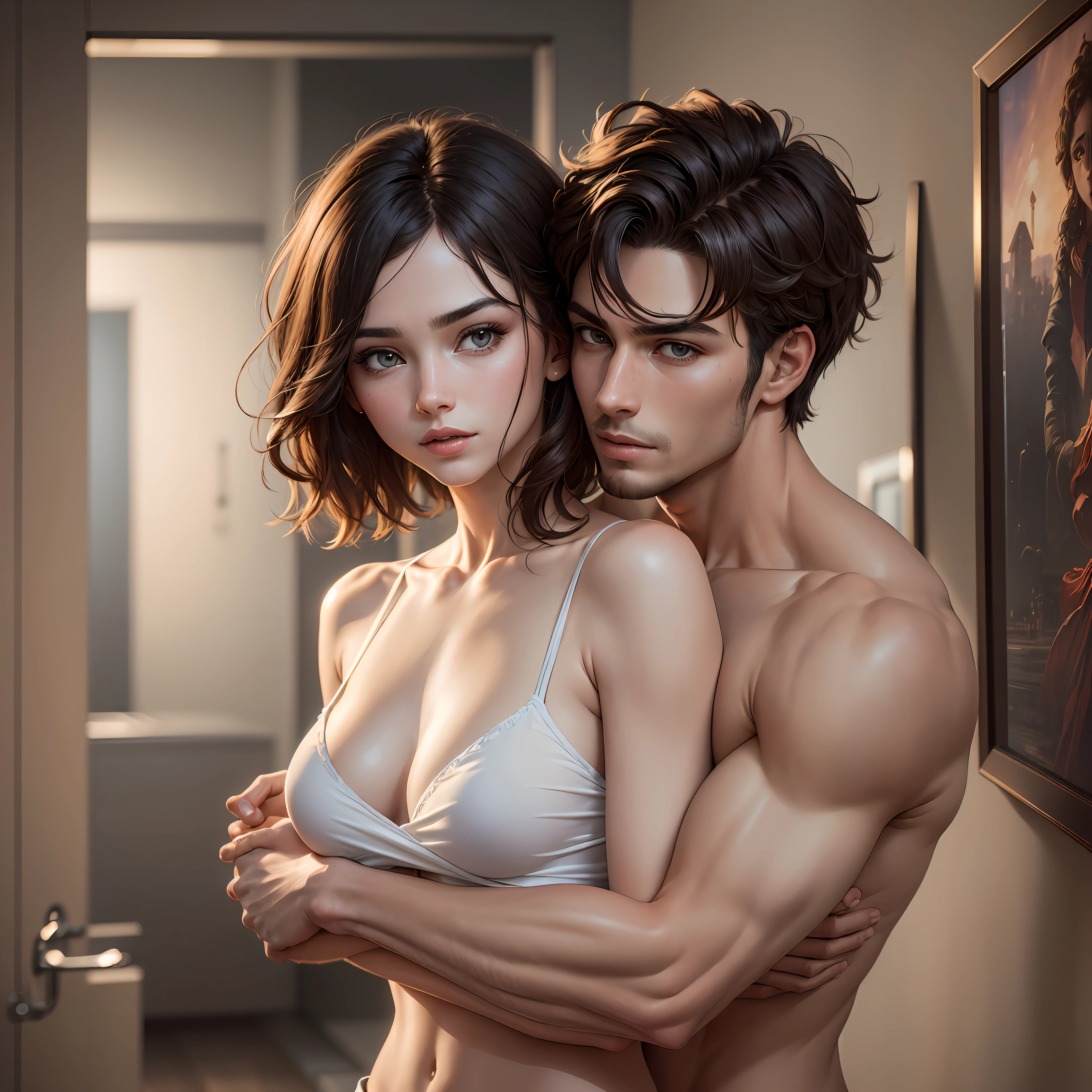 ((highest quality, 8k, masterpiece: 1.3)) produces photorealistic ultra-high resolution images of a young and attractive couple. A very handsome man with short hair and shirtless stands behind a woman and hugs her tightly with a look of fierce affection. The woman stands shy. Their eyes are brown. The image is of the highest quality and should be a masterpiece and look like a photo. --auto --s2