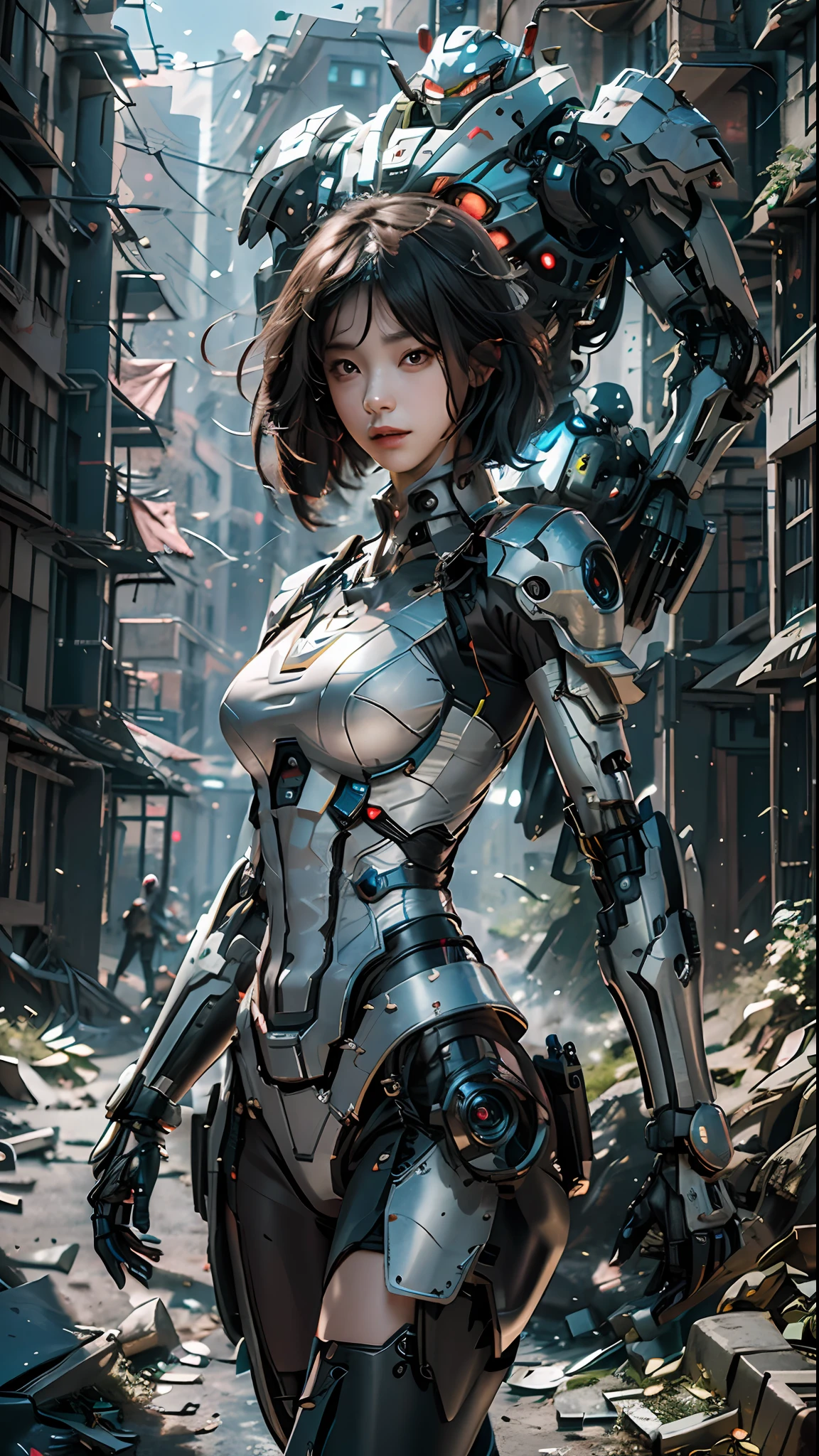 ((Best Quality)), ((Masterpiece)), (Very Detailed:1.3), 3D, Shitu-mecha, Beautiful cyberpunk woman with her pink mech in the ruins of a city in the forgotten war, Ancient technology, HDR (High Dynamic Range), ray tracing, NVIDIA RTX, super resolution, unreal 5, subsurface scattering, PBR texture, post-processing, anisotropic filtering, depth of field, maximum sharpness and sharpness, multi-layer texture, albedo and highlight maps, surface shading, Accurate simulation of light-material interactions, perfect proportions, octane rendering, duotone lighting, low ISO, white balance, rule of thirds, wide aperture, 8K RAW, efficient sub-pixels, subpixel convolution, luminescent particles, light scattering, Tyndall effect