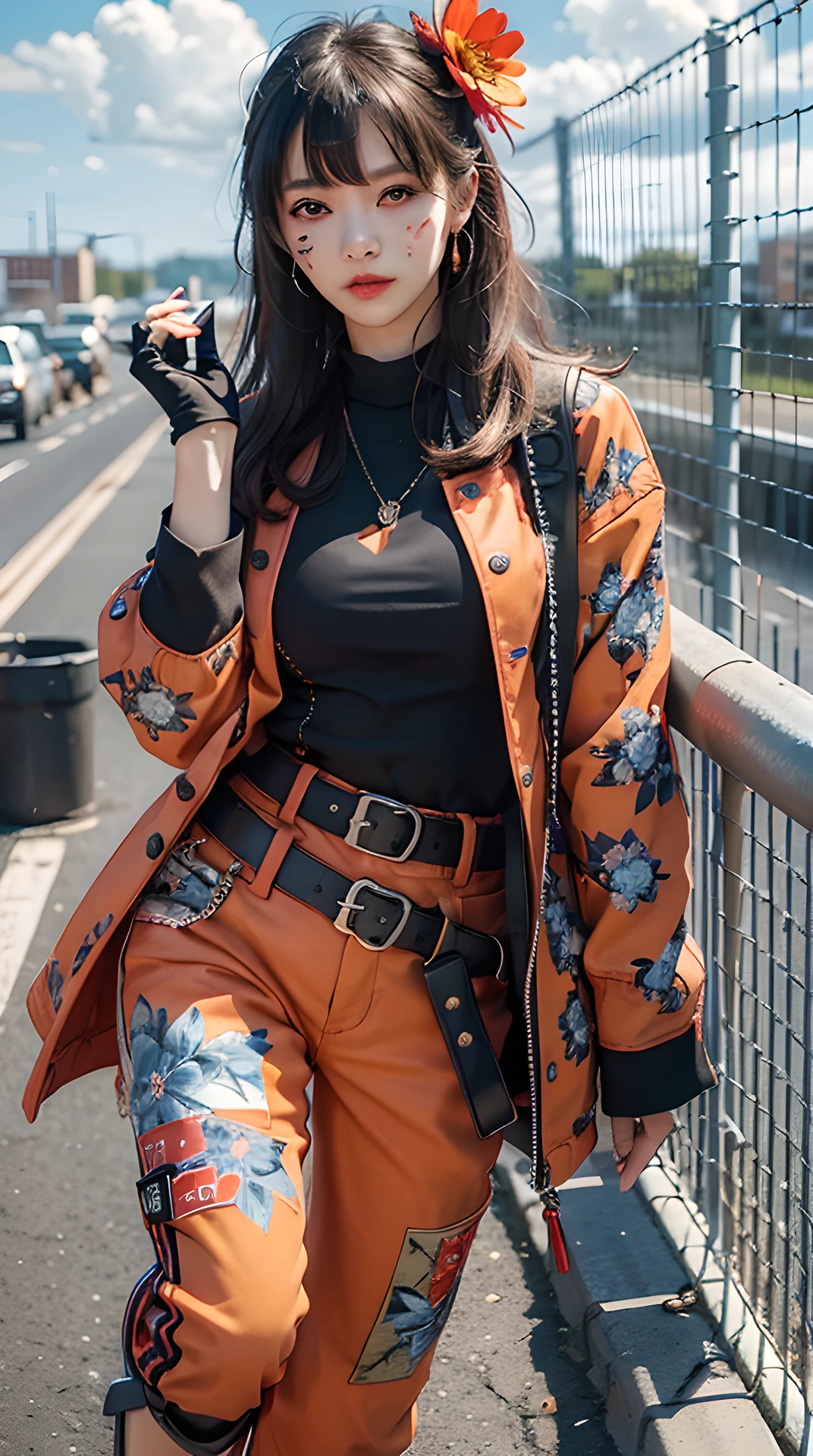 ((masterpiece, best quality)), fashionable, vibrant, posing, front, colorful, dynamic scene, attention-grabbing,
(a cute girl), solo, red eyes, (full body, dynamic pose:1.2), looking at viewer, (holding gun, gatling gun),
kimono, red techwear jacket, orange trousers, buckle and tape, black gloves, tactical vest, hair ornament, makeup, floral print, facial mark, hair flower, facepaint, jewelry,
outdoors, day, bangs, fence, rooftop, blue sky, chain-link fence, cloudy sky,
