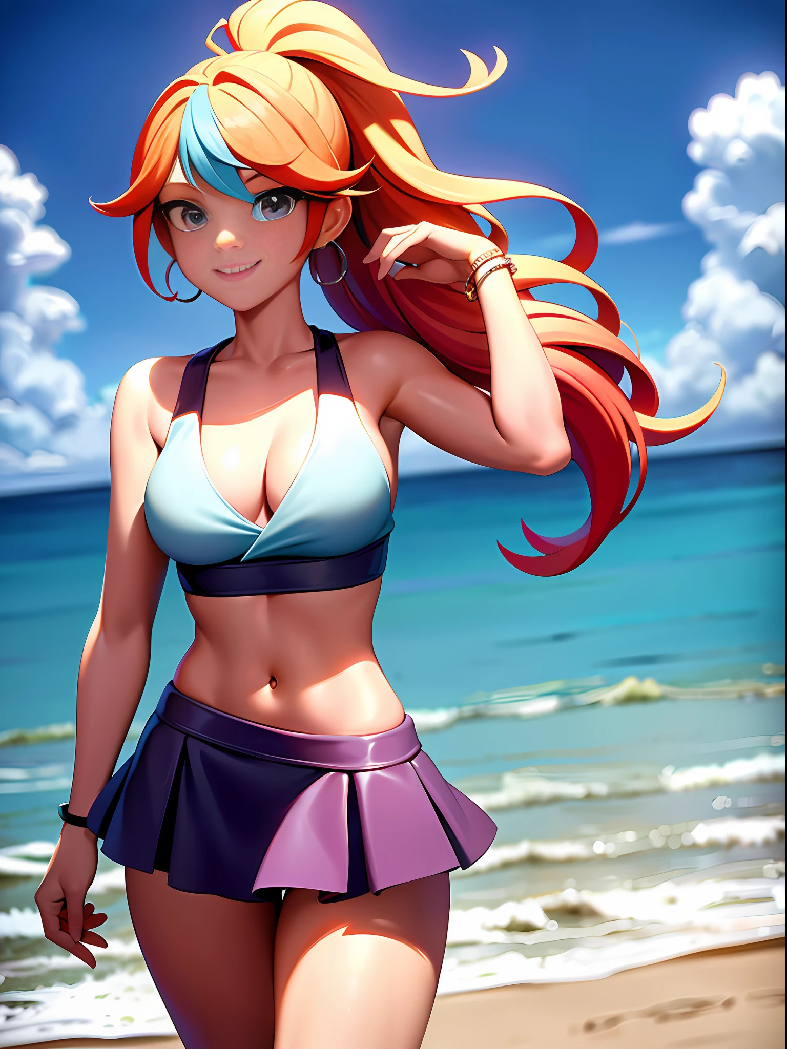 (Masterpiece: 1.5), (Best Quality: 1.5), High Resolution, High Detail, 1 Girl, Solo, Skin Highlight, Sharpen, Clear, straight hair, ponytail, multicolored hair, Jewelry, bracelet, earrings, cowboy shot, pale skin, smile, beach, bikini