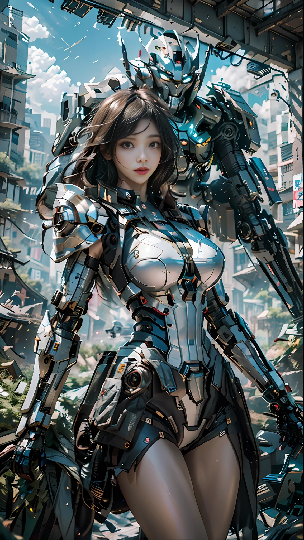 ((Best Quality)), ((Masterpiece)), (Very Detailed:1.3), 3D, Shitu-mecha, Beautiful cyberpunk woman with her pink mech in the ruins of a city in the forgotten war, Ancient technology, HDR (High Dynamic Range), ray tracing, NVIDIA RTX, super resolution, unreal 5, subsurface scattering, PBR texture, post-processing, anisotropic filtering, depth of field, maximum sharpness and sharpness, multi-layer texture, albedo and highlight maps, surface shading, Accurate simulation of light-material interactions, perfect proportions, octane rendering, duotone lighting, low ISO, white balance, rule of thirds, wide aperture, 8K RAW, efficient sub-pixels, subpixel convolution, luminescent particles, light scattering, Tyndall effect