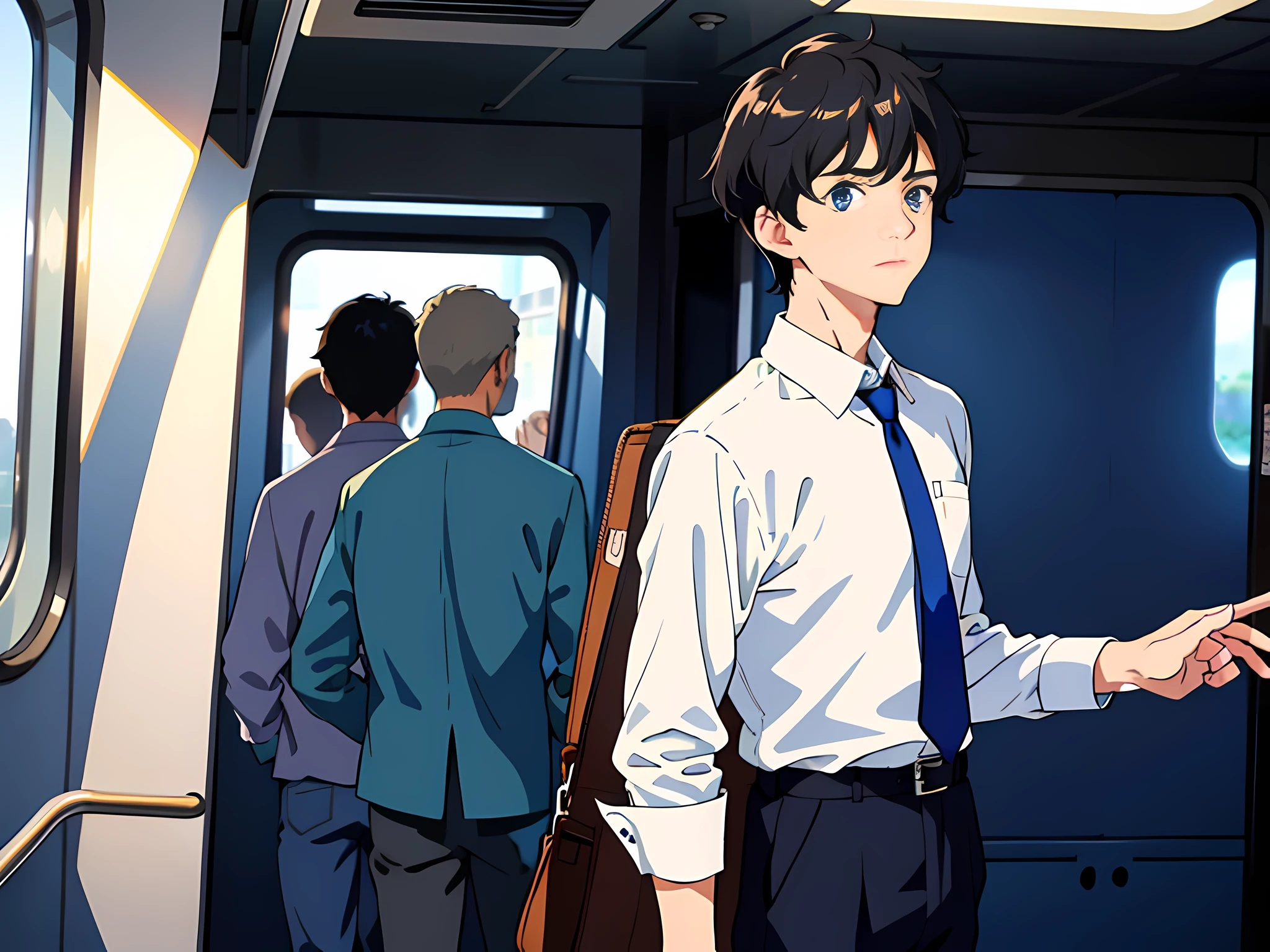 (1 man: 1.5), short black hair, blue eyes, white shirt, standing on the train, anxious, masterpiece, best quality