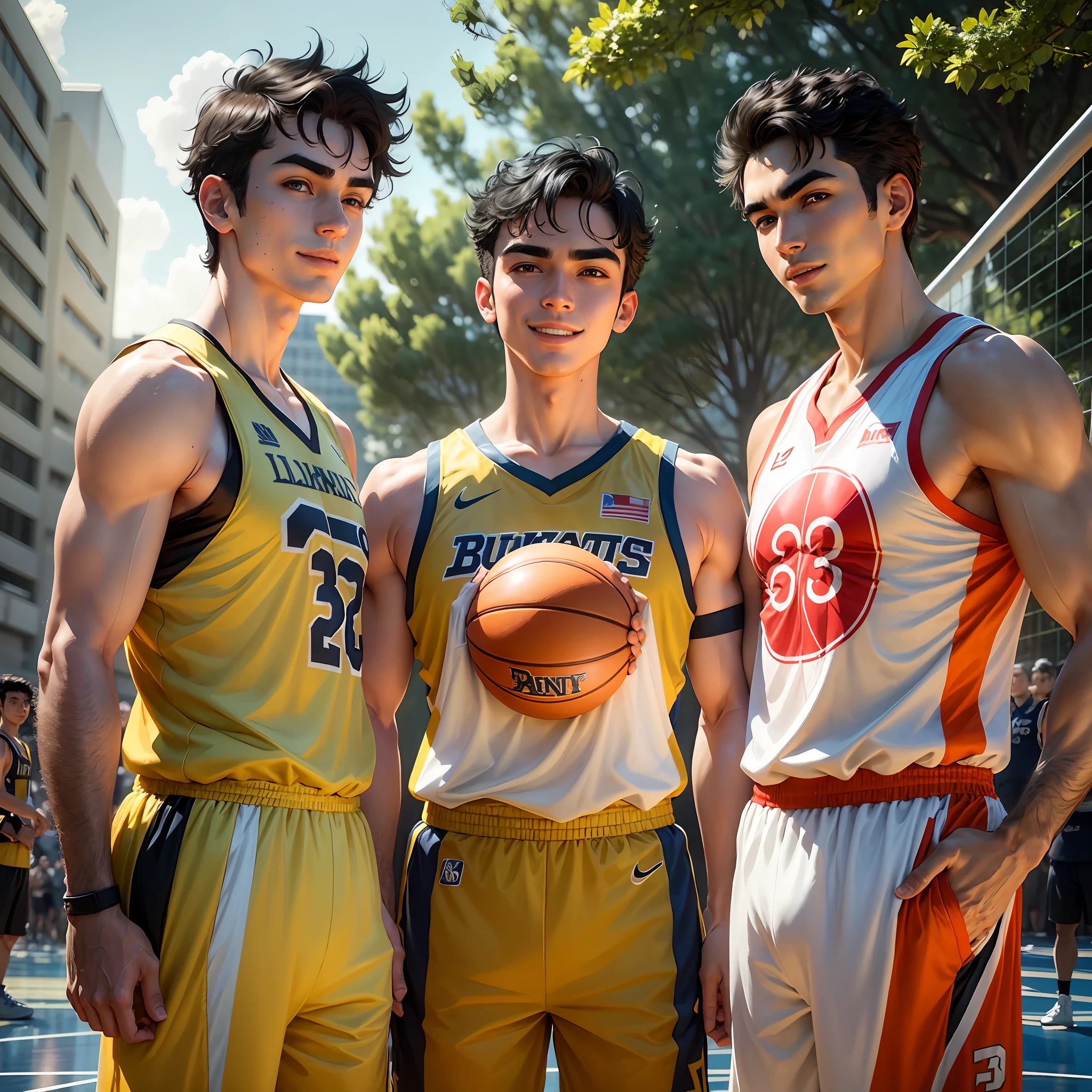 3 sunny and handsome boys standing in a row on the basketball court, Wear a basketball jersey, delicate faces, Handsome and handsome, Thick eyebrows, Gundam handsome, Cream raw, Lovely face, black hair, multicolored eyes, light smile, smile, god rays, Canon, lineup, lineup, UHD, retina, masterpiece, high details, textured skin --auto --s2