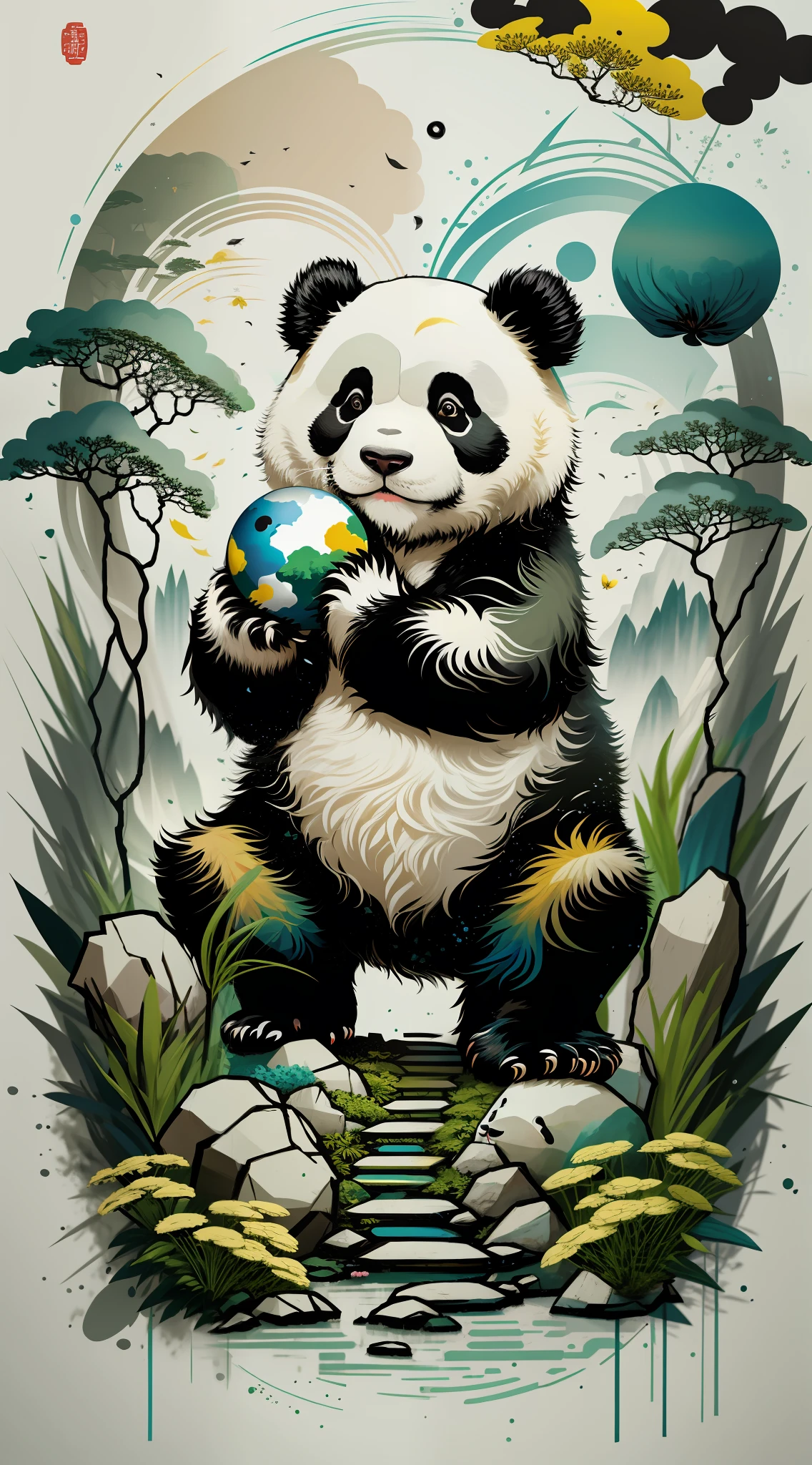 Poster, flat illustration, a super cute Chinese giant panda holding a earth, trees, flowers, landscape, blue, green, yellow, simple background, center composition, bright colors, chiaroscuro, super high detail, 4k, flat illustration