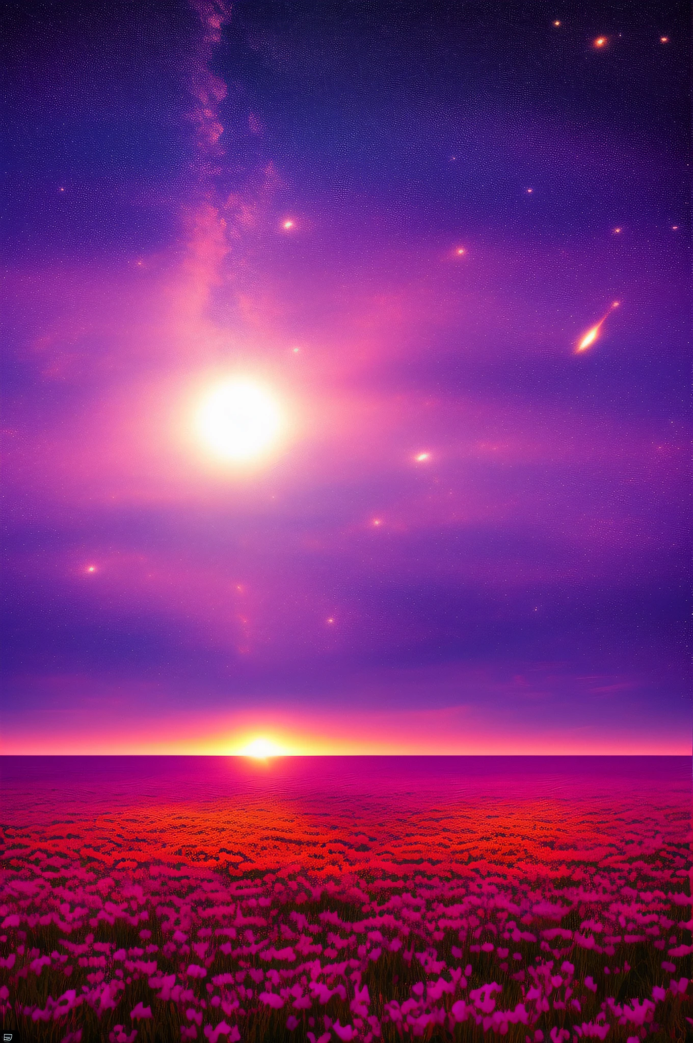 Vast sunrise landscape photos, (from below, sky above, open fields below), a girl standing on a flower field looking up, (meteors: 0.9), (nebula: 1.3), distant mountains, trees BREAK making art, (warm light source: 1.2), (fireflies: 1.2), lamps, lots of purple and orange, intricate details, volumetric lighting, realism BREAK (Masterpiece: 1.2), (Best Quality), 4K, Ultra-Detailed, (Dynamic Composition: 1.4), Very Detailed, Colorful Detail, (Iridescent Color: 1.2), (Glow Illumination, Atmospheric Lighting), Dreamy, Magical, (Solo: 1.2)