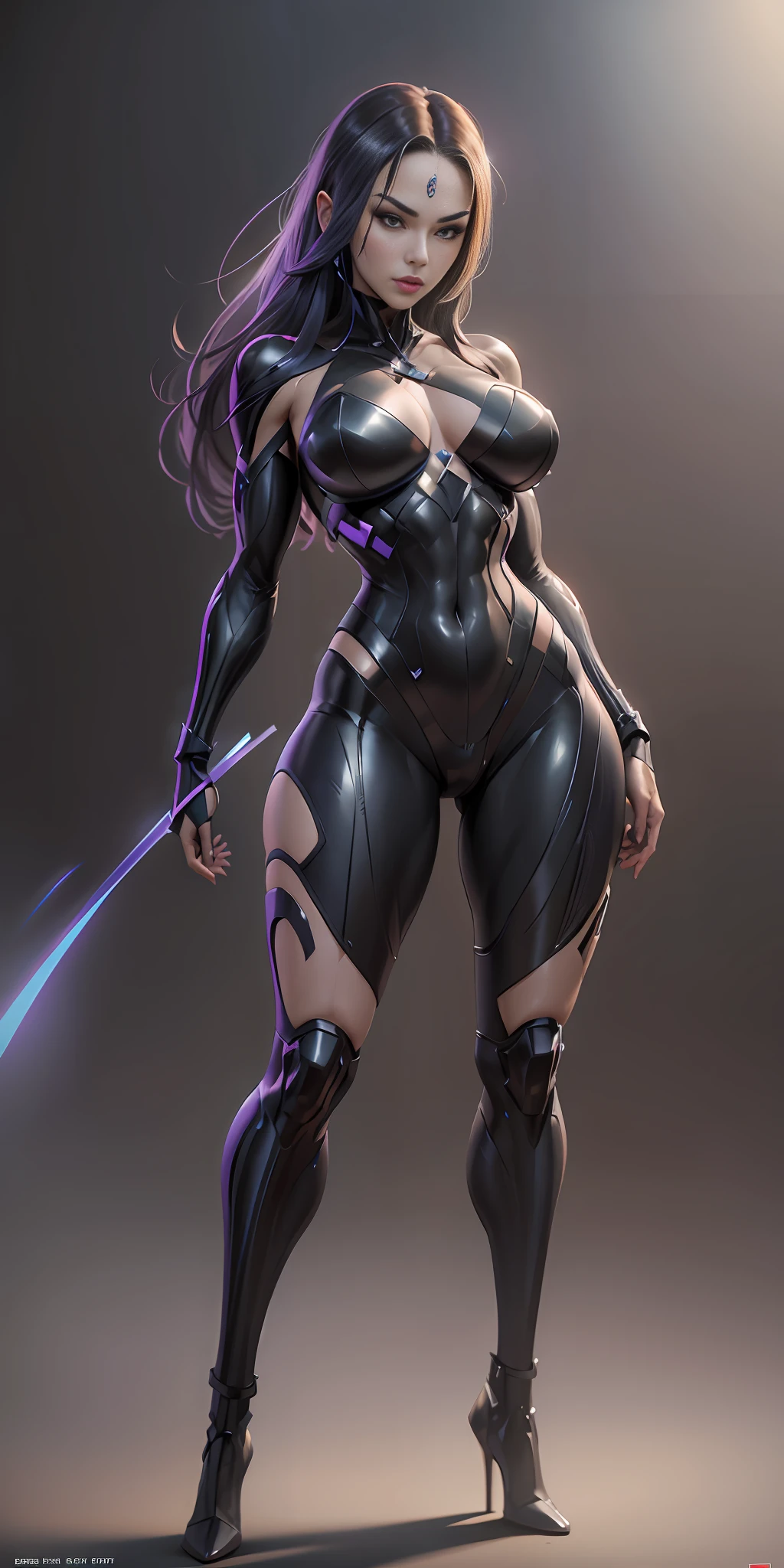 Psylocke from Marvel, big breasts, frontal, full-length, looking at the camera, facing the audience, standing pose, simple background, three-dimensional light, detailed full-body concept, sleek digital concept art, beautiful full-body concept art, art trend, CGsociety full-length,