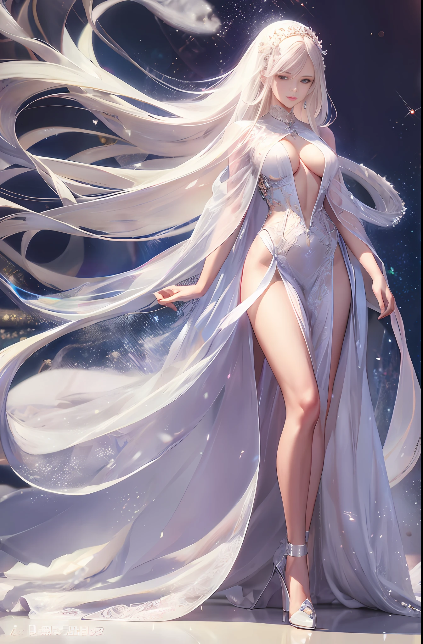 Master anime work, impeccable masterpiece, a mature female character in sexy transparent formal dress standing on a pure white background, flowing silver hair, full body standing, slender legs, straight breasts, detailed face details, natural and beautiful standing, vivid and real body details