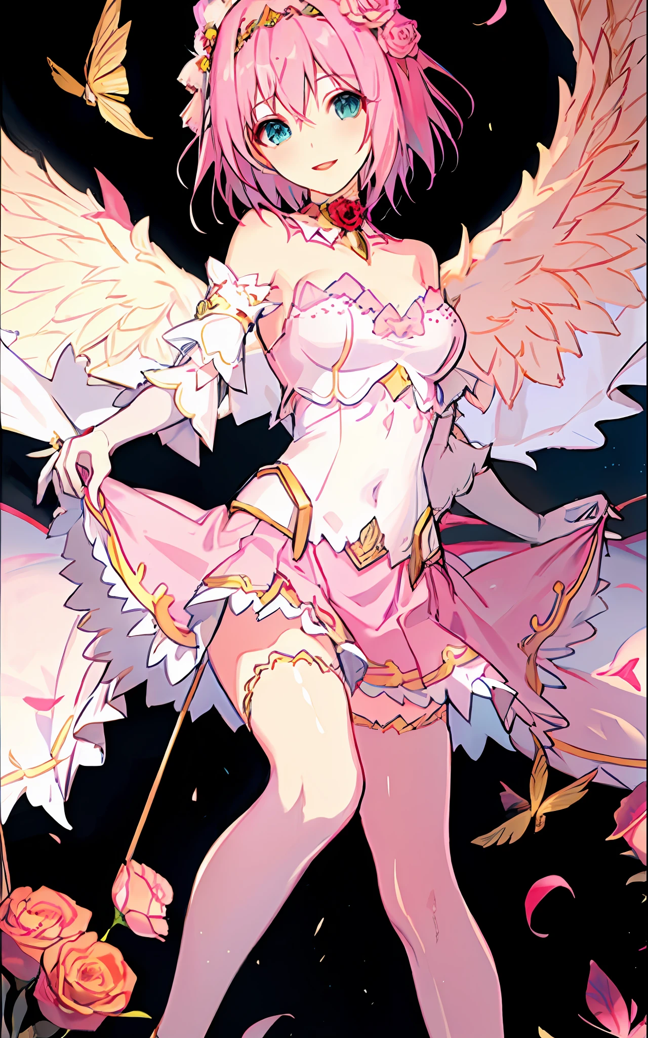 18 year old beautiful girl, masterpiece, best quality, 8K animation, detailed fingers, precise fingers, not unnatural hands, illustration, 1 girl, solo, pink bob cut, gold crown, flower hair ornament, sagging eyes, red mini skirt, YUI