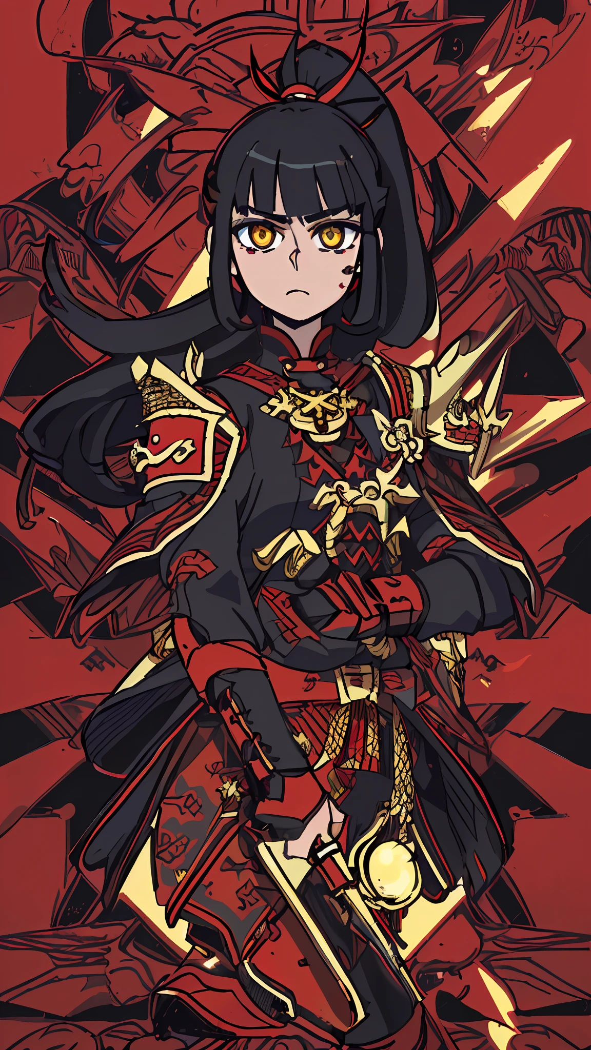 (((masterpiece))),(((bestquality))),((ultra-detailed)),(illustration),((anextremelydelicateandbeautiful)),dynamicangle,floating,(beautifuldetailedeyes),(detailedlight) (blood background) (1girl), solo, black hair, yellow eyes, ponytail, black and red samurai armor