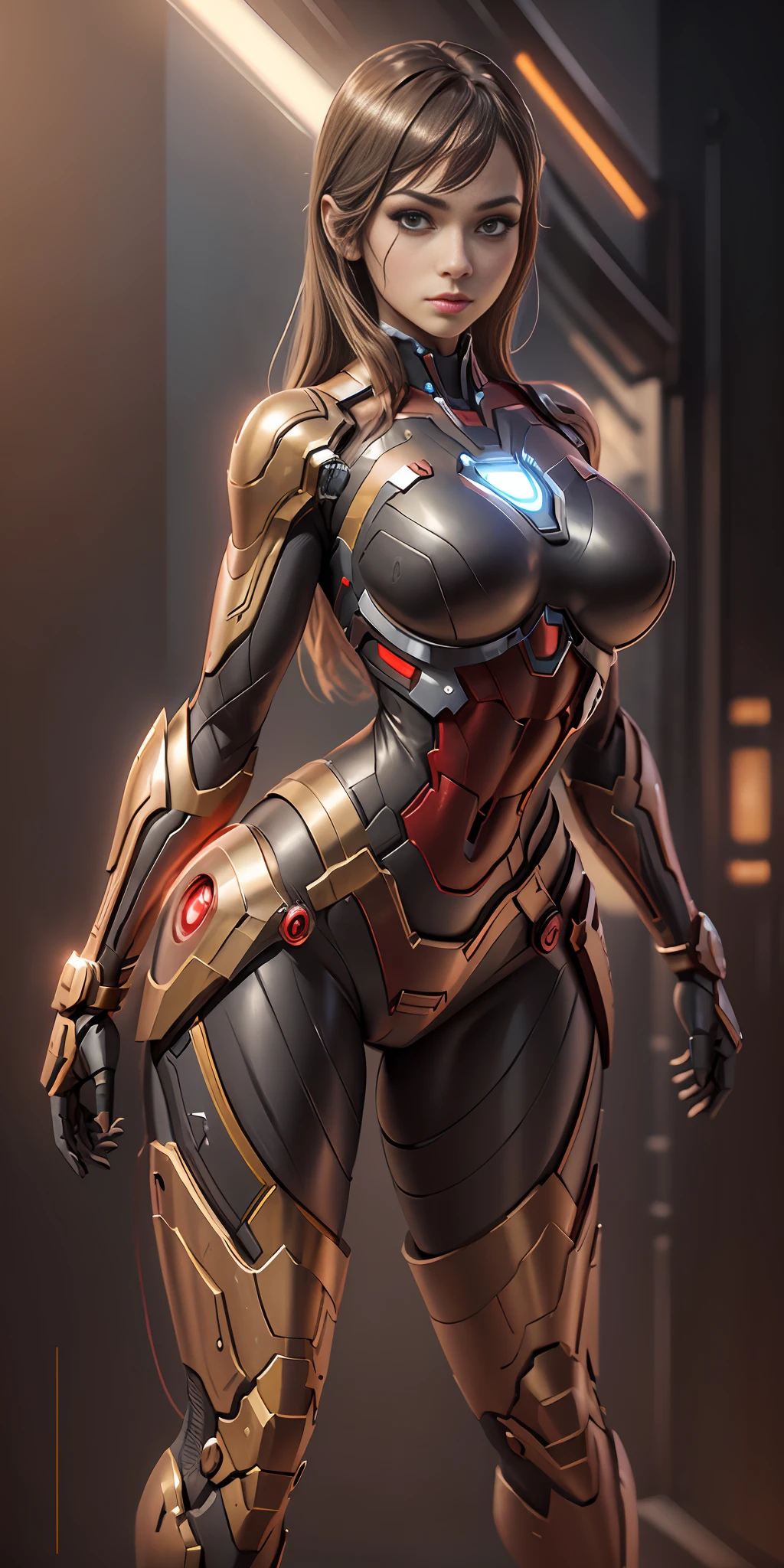 girl dressed as Iron Man from Marvel, big breasts, frontal, full-length, looking at the camera, facing the audience, standing pose, simple background, three-dimensional light, detailed full-body concept, sleek digital concept art, beautiful full-body concept art, art trend, full-length CGsociety,