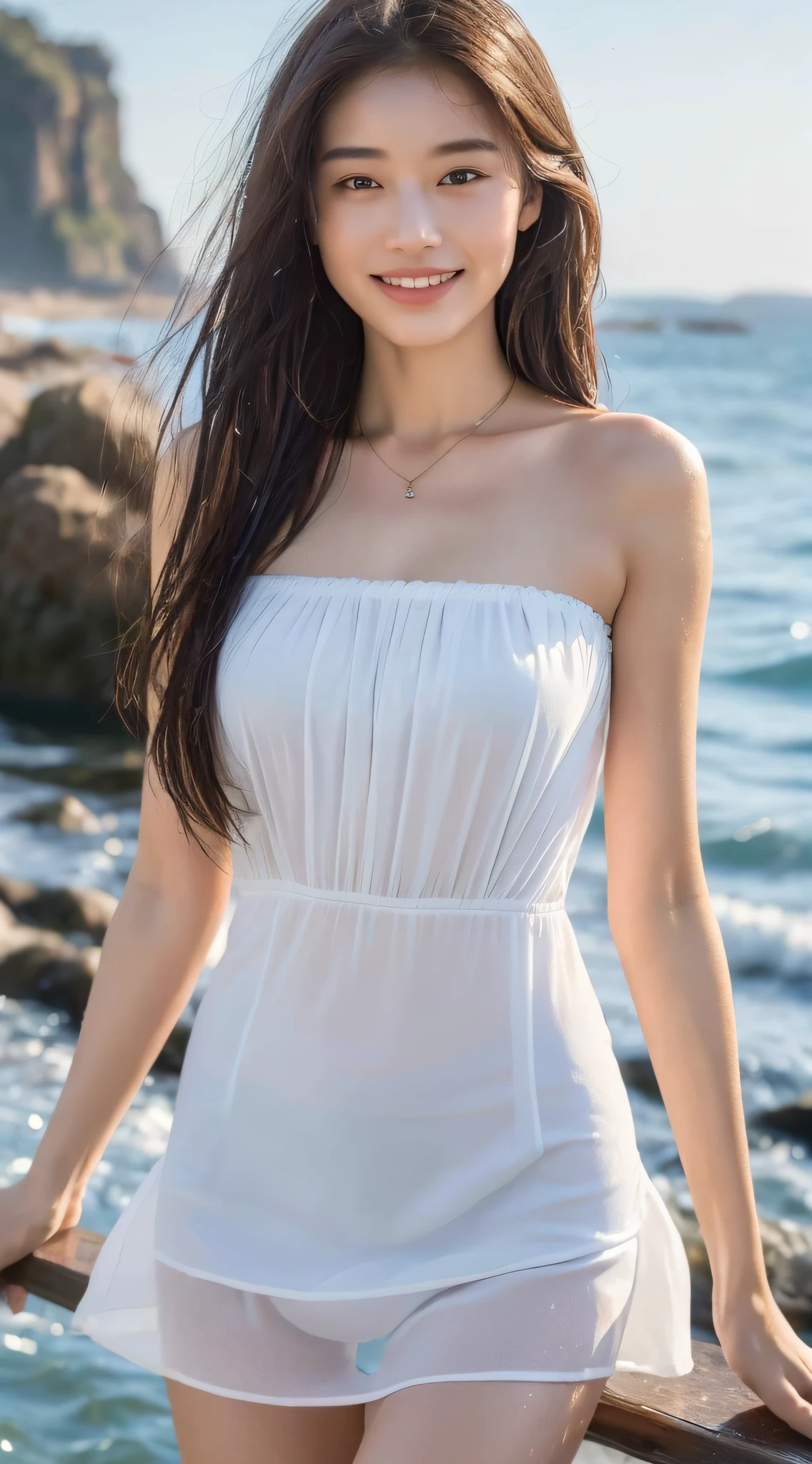 ((Best Quality, 8k, Masterpiece:1.3)), Focus:1.2, Perfect Body Beauty:1.4, Buttocks:1.2, ((Delicate Long Hair)), (Wet Clothes:1.1) , (Ship, Sea: 1.3), Fine bandeau dress:1.1, Highly detailed face and skin texture, Fine eyes, Double eyelids, whitening skin, smile, wearing necklace,