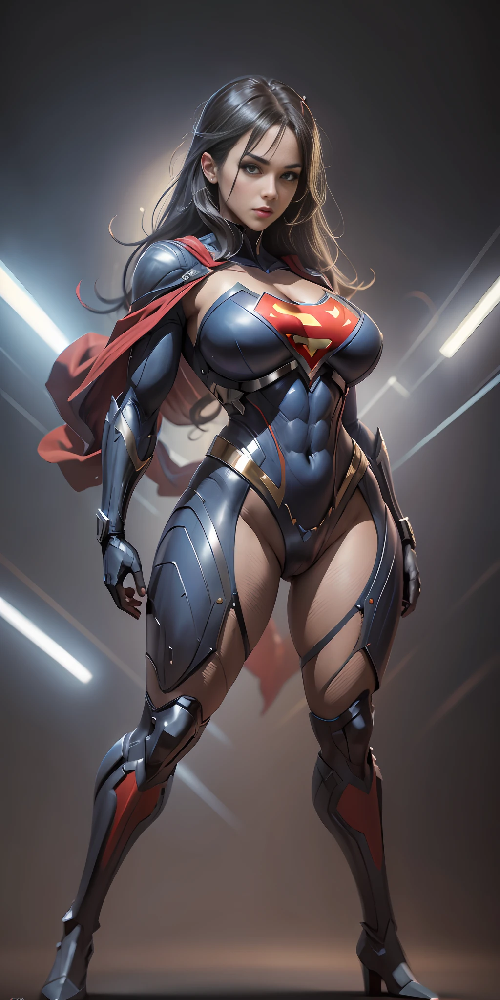 girl dressed as superman from DC, big breasts, frontal, full-length, looking at the camera, facing the audience, standing pose, simple background, three-dimensional light, detailed full-body concept, sleek digital concept art, beautiful full-body concept art, art trend, full-length CGsociety,