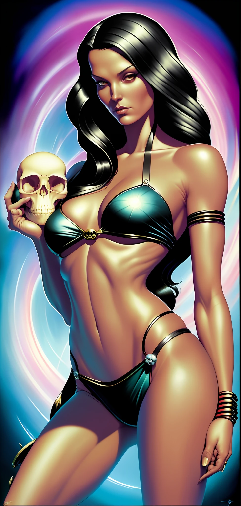 Bikini woman holding a skull, full body, realistic pencil drawing, she does not tattoo, realistic drawing, by Mark Brooks, Boris Vallejo and Tom Bagshaw, by Tom Bagshaw and Boris Vallejo, by Jason Edmiston, Boris Vallejo and Ilya Kuvshinov, Chris Moore. artgerm, inspired by Jason Edmiston, pinup art