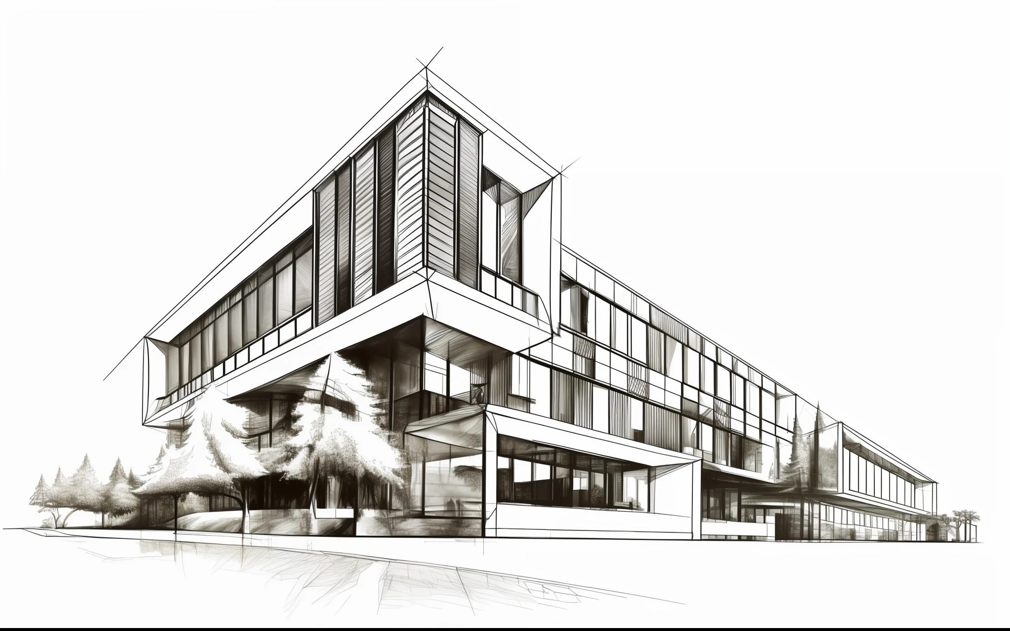 a drawing of a building with a lot of windows and a tree, architectural illustration, architectural sketch, sharp foccus ilustration hq, sharp focus ilustration hq, three point perspective, architectural concepts, clean ink detailed line drawing, two point perspective, 2 point perspective, three - point perspective, architecture drawing, single point perspective, 3-point perspective