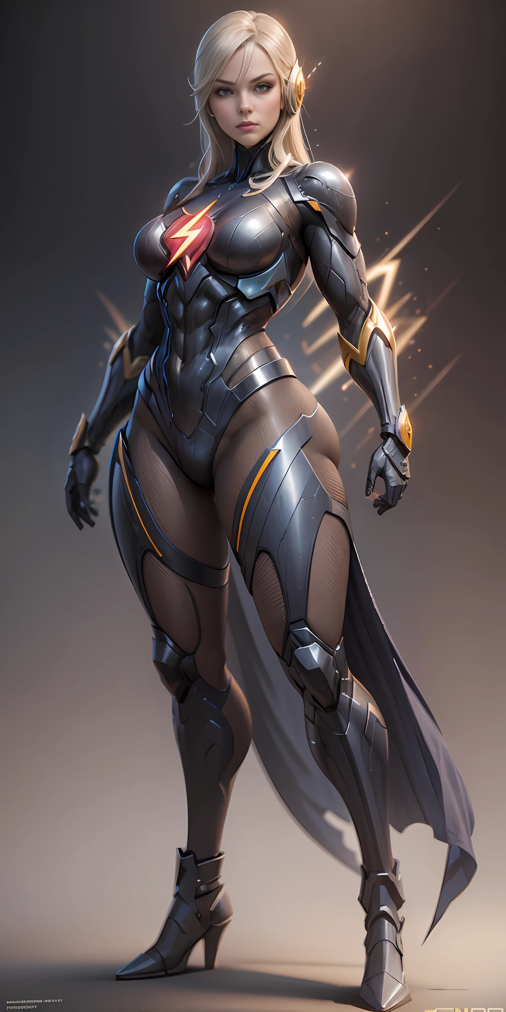 girl dressed as flash from DC, big breasts, frontal, full-length, looking at the camera, facing the audience, standing pose, simple background, three-dimensional light, detailed full-body concept, sleek digital concept art, beautiful full-body concept art, art trend, CGsociety full-length,