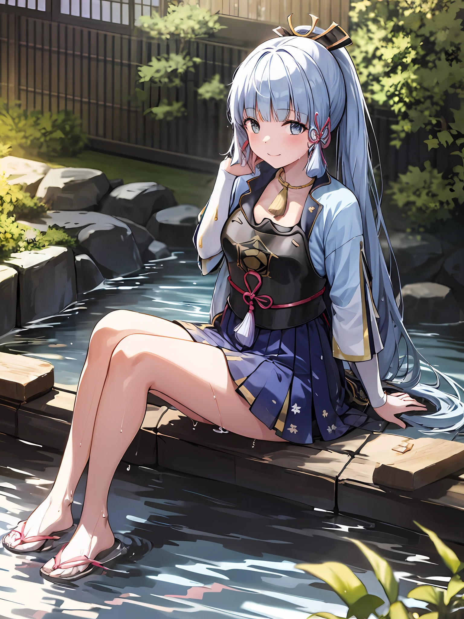 High resolution, best quality, 1girl solo, kamisato_ayaka, sitting, looking from above, looking at audience, smiling, wading, wet hair, evening, poolside, Japanese hot spring masterpiece, best quality, wallpaper