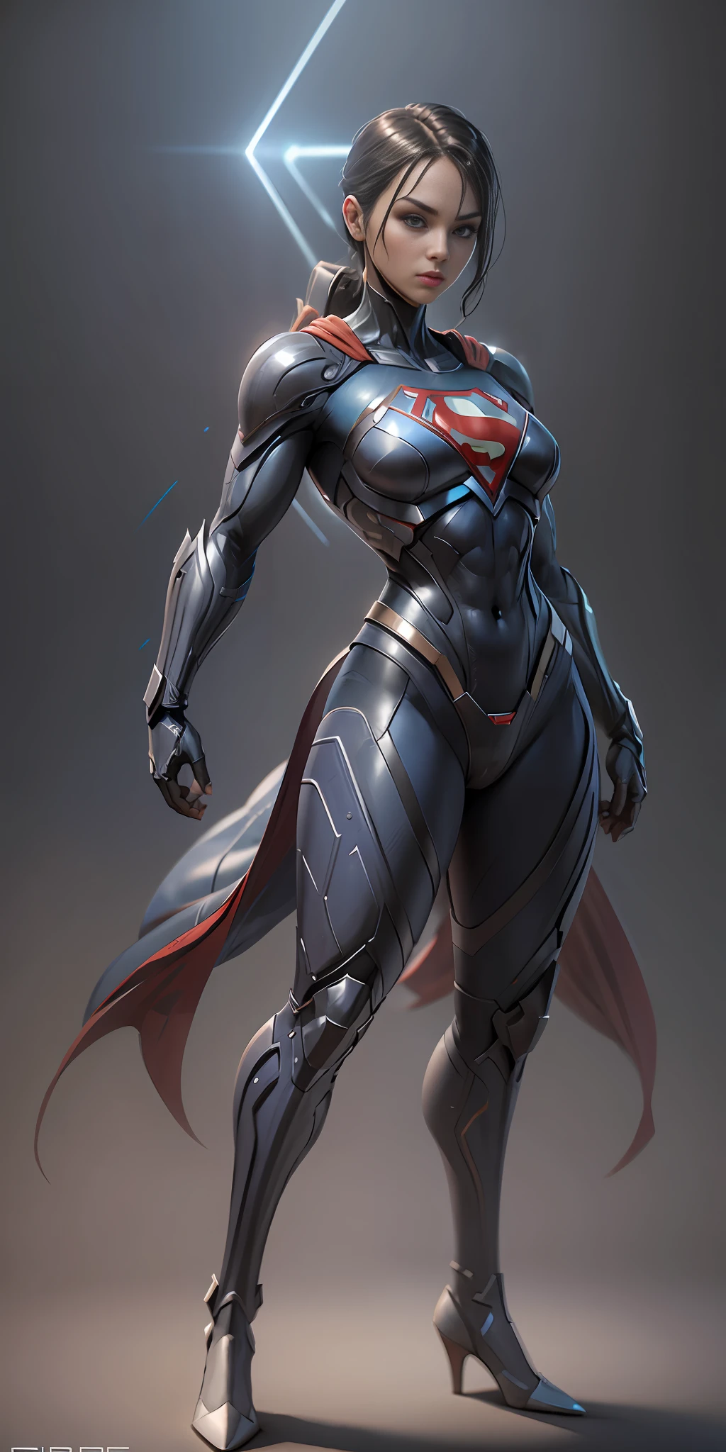 girl dressed as superman from DC, frontal, full-length, looking at the camera, facing the audience, standing pose, simple background, three-dimensional light, detailed full-body concept, sleek digital concept art, beautiful full-body concept art, art trend, full-length CGsociety,