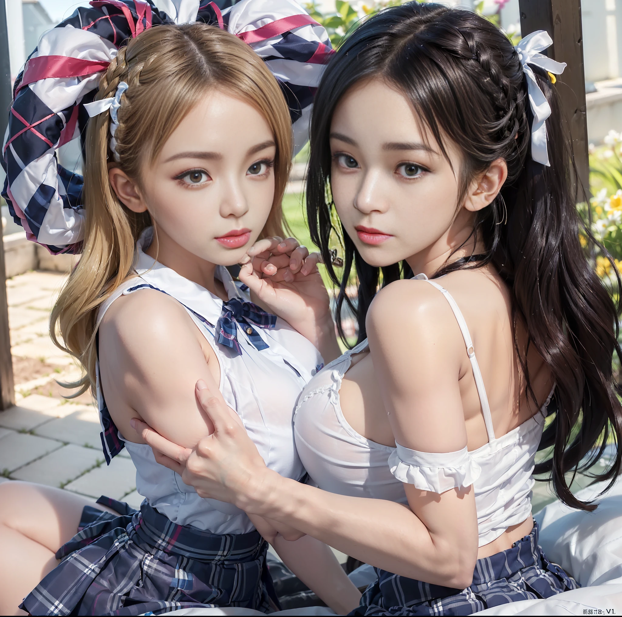 ulzzang-6500-v1.1, (top quality, masterpiece), (raw photo: 1.2), (photorealistic: 1.4), highest quality, master, very tasty and beautiful, highly detailed CG, 8k wallpaper, amazing fine details, master masterpiece, official art, huge file size, high resolution, 2-3 girls, ( snugly next to each other without separation between characters), (no break in one piece), teens to twenties, Nogizaka girls, (representations of the human body based on precise anatomy), intricate details, Japan schoolgirl uniforms, (neat white blouses of smooth sheer fabric with ribbon ties), (ultra mini navy blue tartan check pleated skirts), ( Everyone is wearing the same clothes), (tightly dressed), (less revealing upper body), (white panties), (fastening all buttons of the blouse)), blonde, (((very large breasts)), (very large women), (very large), (cramped clothes), (no bra), (area shows through skin tone), (pink areola), small tingles, (big buttocks) , (thin thighs), very beautiful eyes, bright ultramarine eyes, (detailed pupils reflecting light), (the iris of the eye is painted with details of a fine radial pattern), (the expression of the whites of the eyes is slightly dark), (the upper 30% of the eyes have shadows), double eye lids, sleepy look, no makeup, snug, No makeup, natural eyebrows, realistic shading assuming a light source, cute girl and mature beauty, (whitening skin), , smile, long hair in half-braid, (((backwards pose))), ((looking back from the back)),((showing off the buttocks)),(((looking straight back and not looking at me))),cuddling, cheeks together,arms crossed like a lover,looking at the other person, beautiful garden with flowers, clear sunshine,