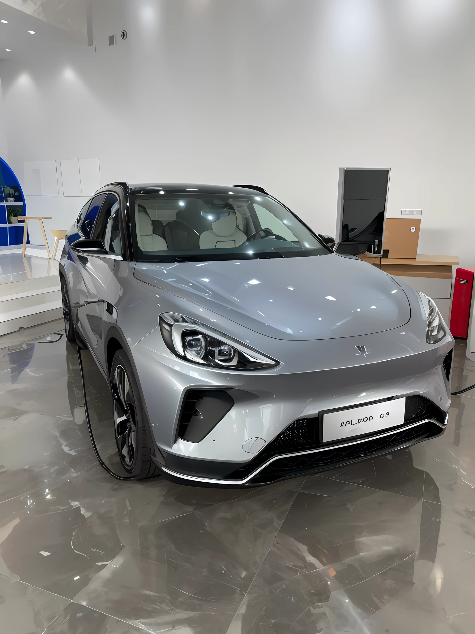 a close up of a car in a showroom with a tv, f 2. 0, full view of a car, 9 k, 9k, 2019, 2 0 1 9, concept ar, 2 0 2 2, 2022, 2 0 2 3, 2023, hydrogen fuel cell vehicle, 6k, 6 k