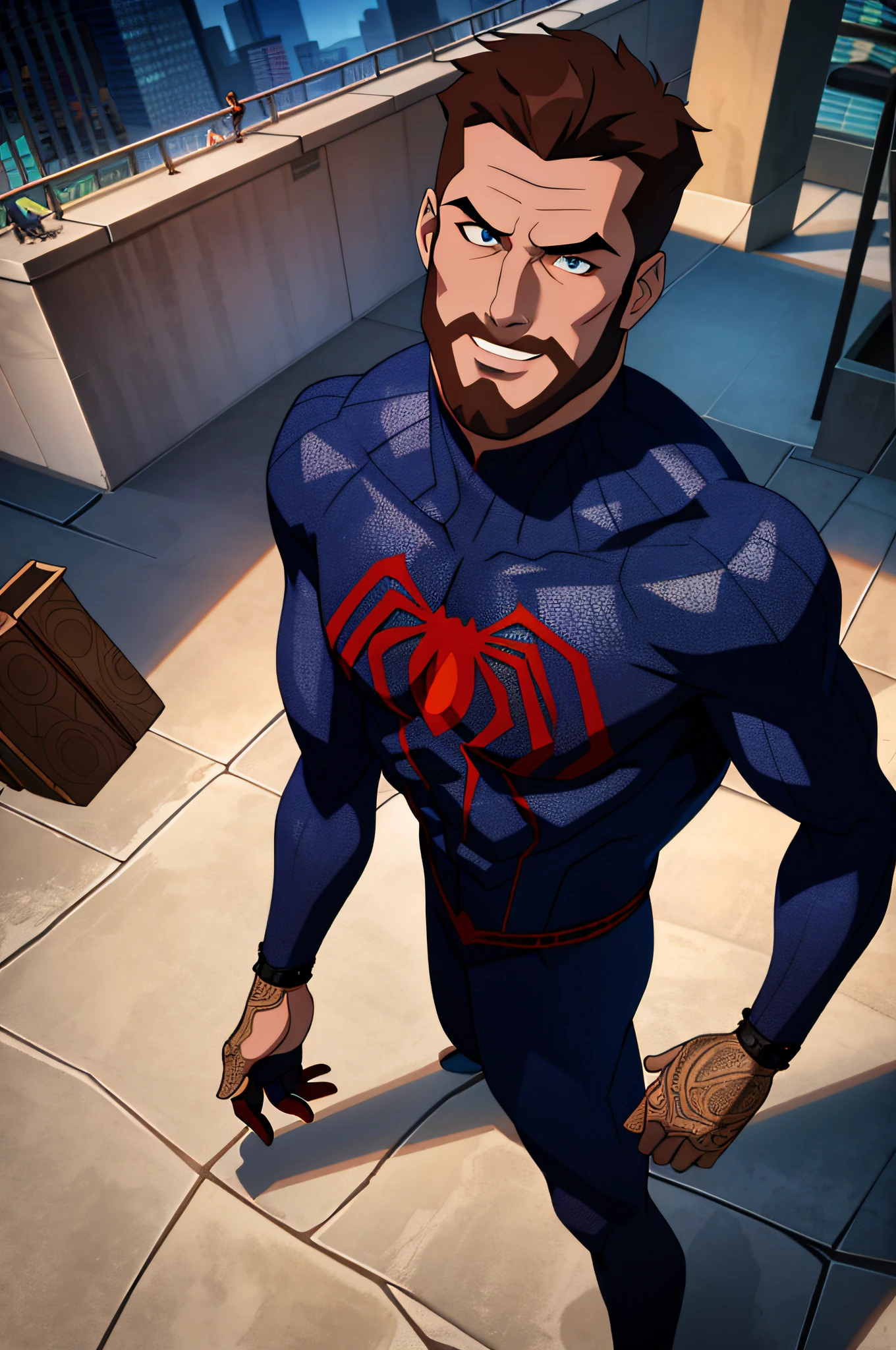 Spider Costume, Spider Web Print, Spider Web, Spider-Man
Masterpiece, absurd, fine details, HDR, (face and eyes very detailed)), photorealistic,
focus on the eyes,
Standing on the roof of a skyscraper, ((unmasked)), looking at the viewer, smiling, short brown hair, beard 
Context of New York buildings,