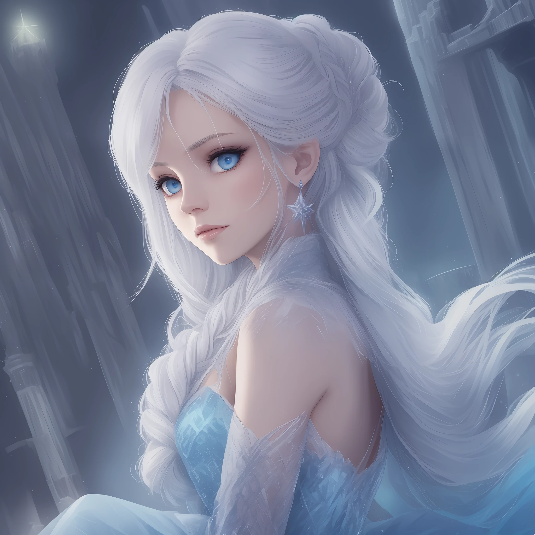 1girl, 27 y.o, Elsa, closeup, white hair, medium spikey hair, braid, high res, long sparkly blue dress, sleeves, skinny , disney key visual, at the neon (arctic castle:1.2) --auto --s2