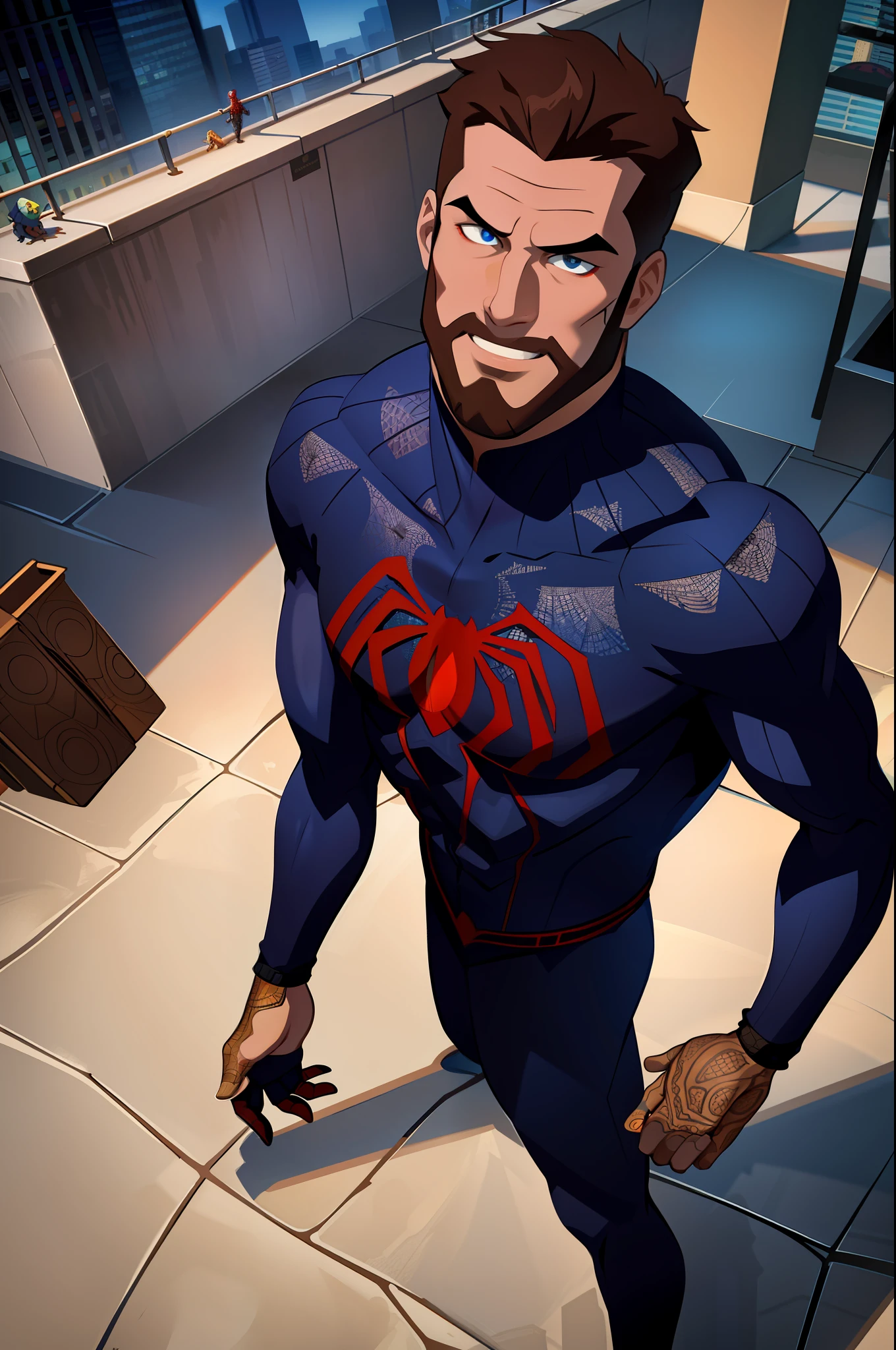 Spider Costume, Spider Web Print, Spider Web, Spider-Man
Masterpiece, absurd, fine details, HDR, (face and eyes very detailed)), photorealistic,
focus on the eyes,
Standing on the roof of a skyscraper, ((unmasked)), looking at the viewer, smiling, short brown hair, beard
Context of New York buildings,